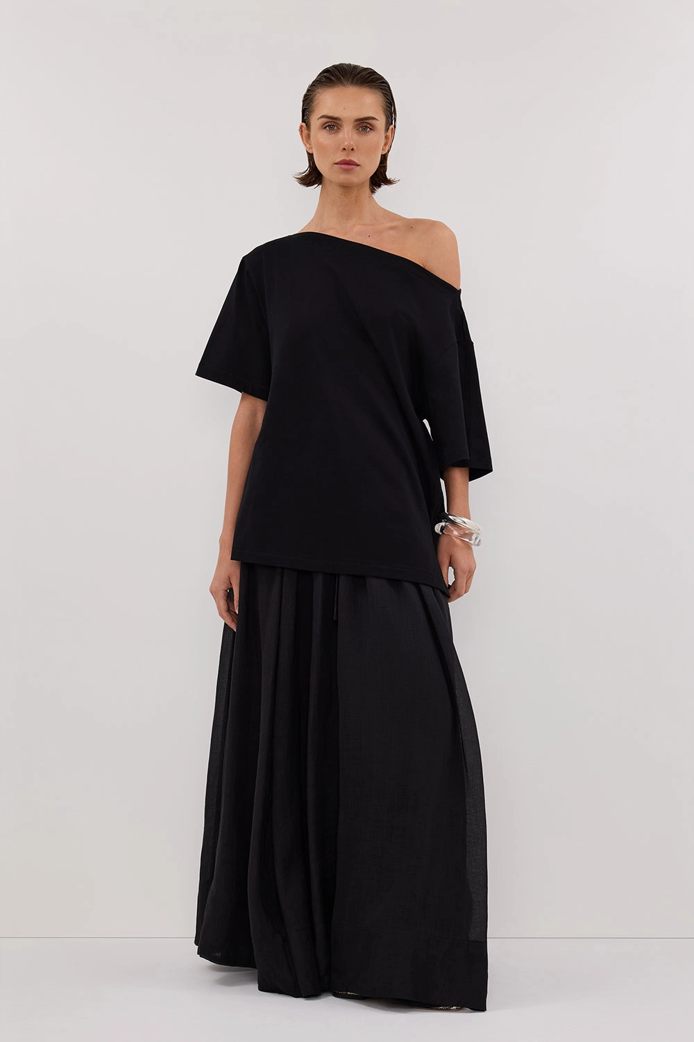 ESME BLACK ASYM BOAT NECK TEE Relaxed Design Seam Free Edging