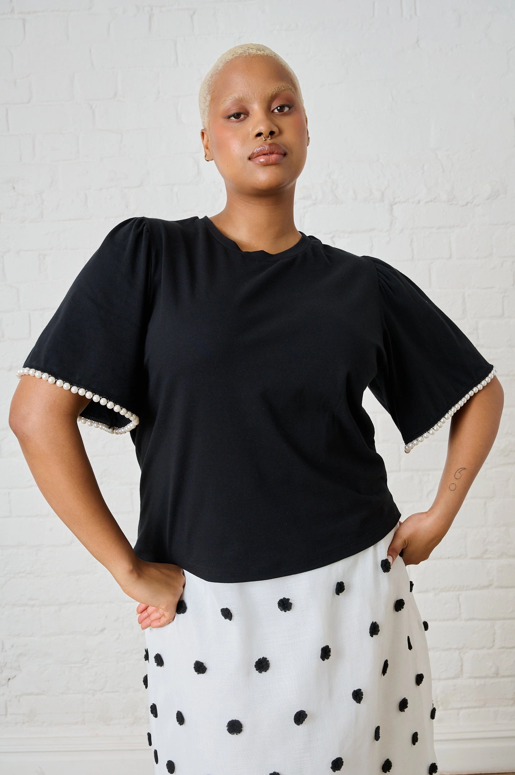 Boxy Tee in Black with Pearl Trim Layered Collar Structure Stylish Look