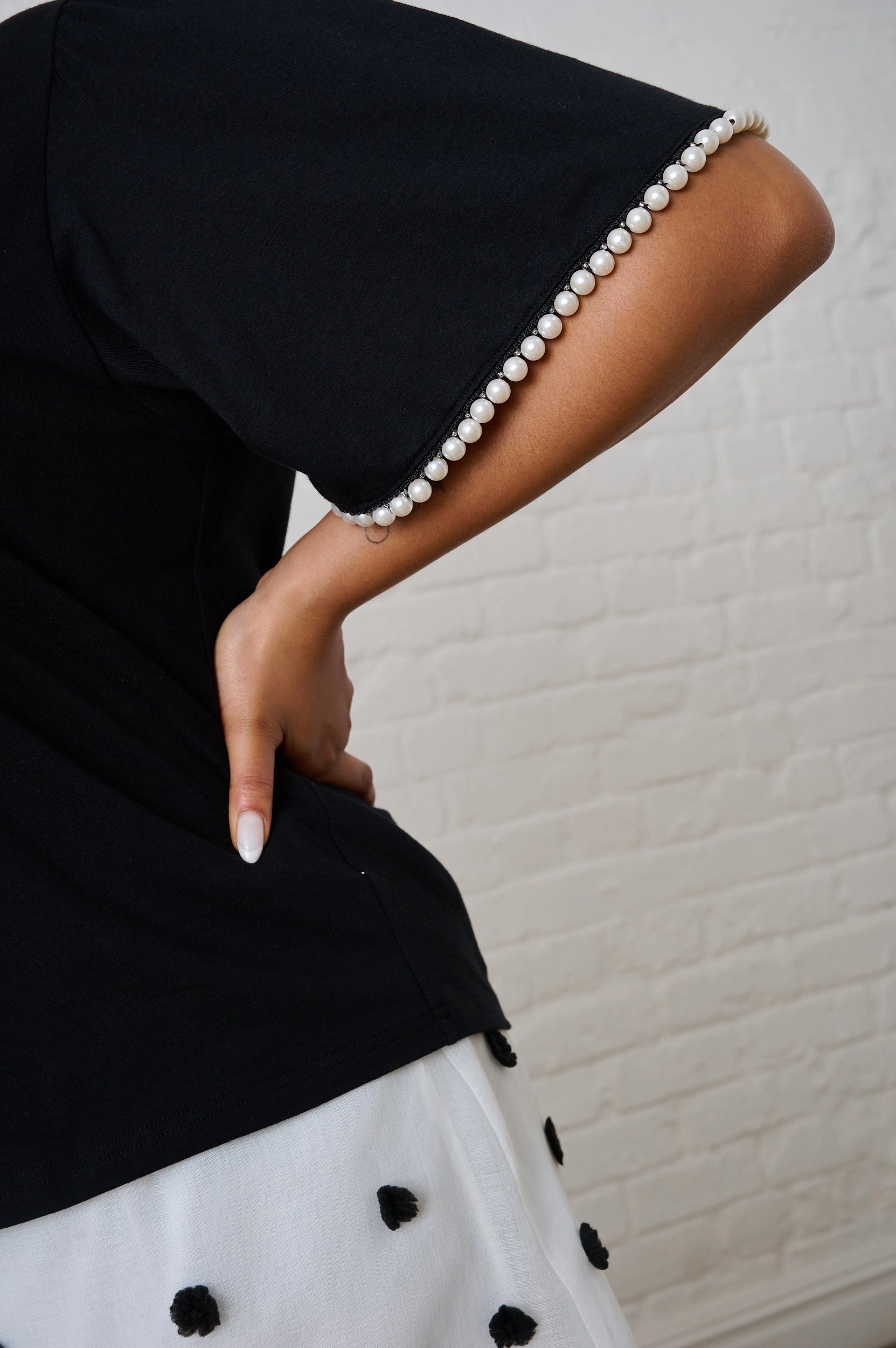Raw Edge Detail Boxy Tee in Black with Pearl Trim