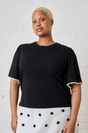 Boxy Tee in Black with Pearl Trim Hidden Zipper Closure