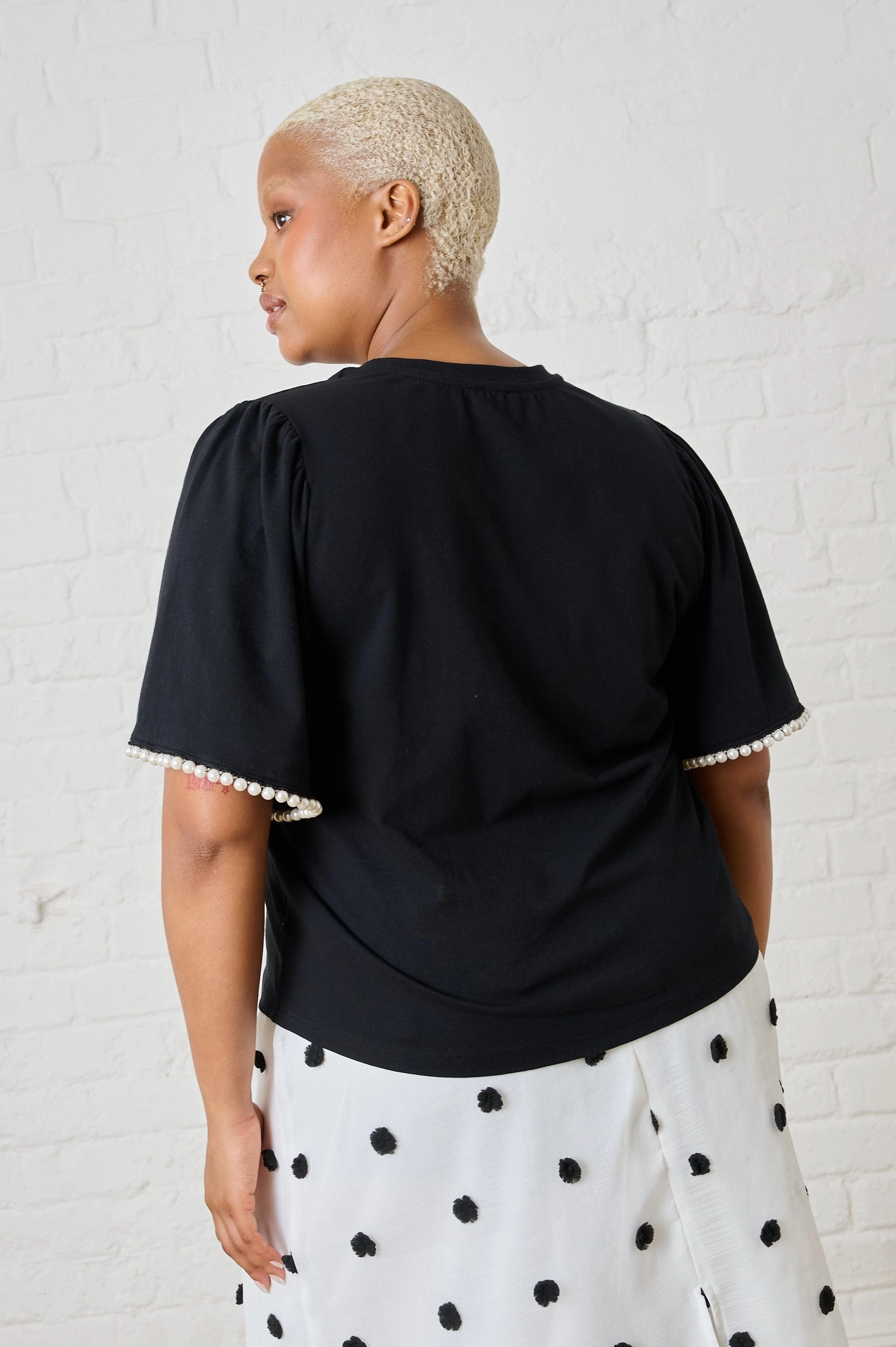 Boxy Tee in Black with Pearl Trim TaglessLabel