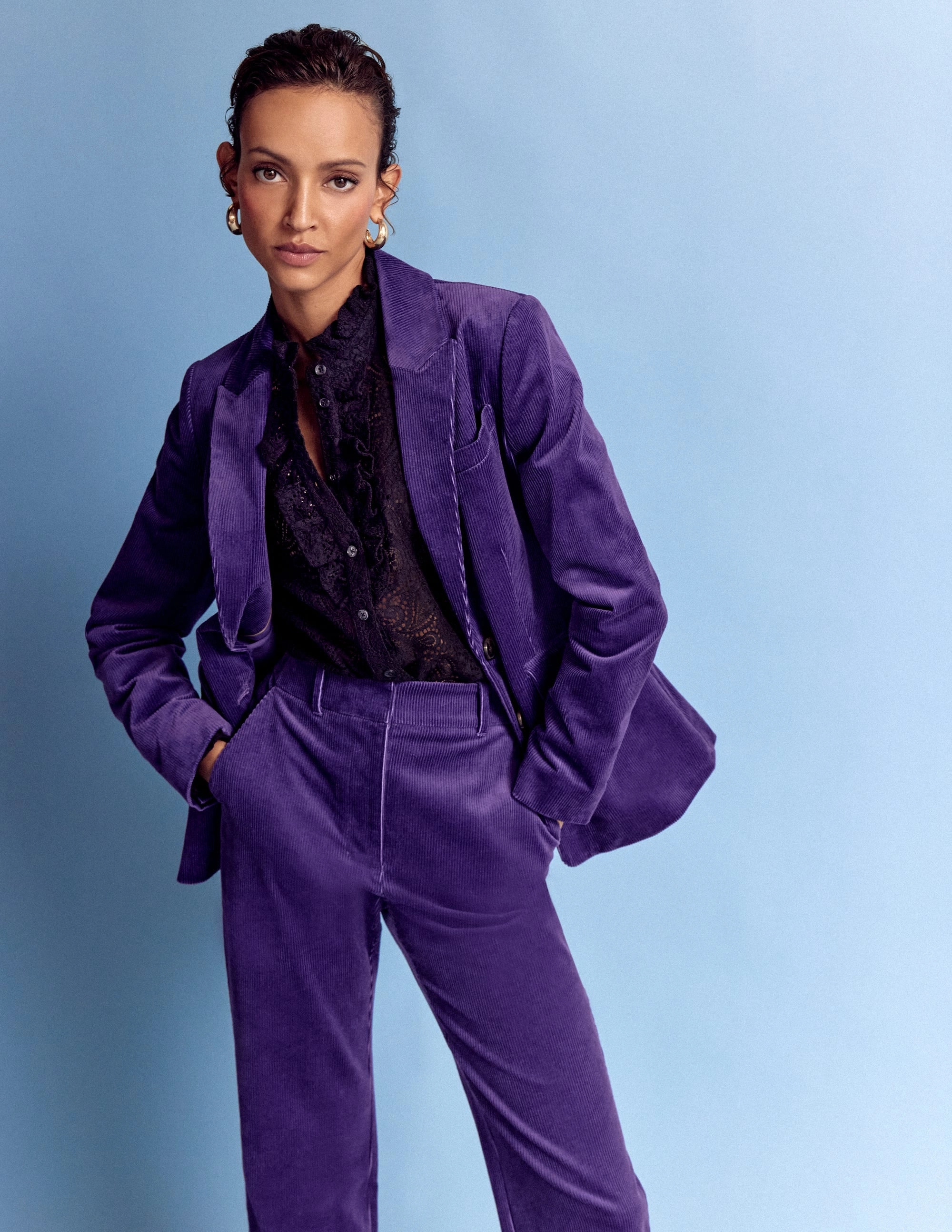 Fur Trim Stamford Cord Blazer-Mystical Purple
