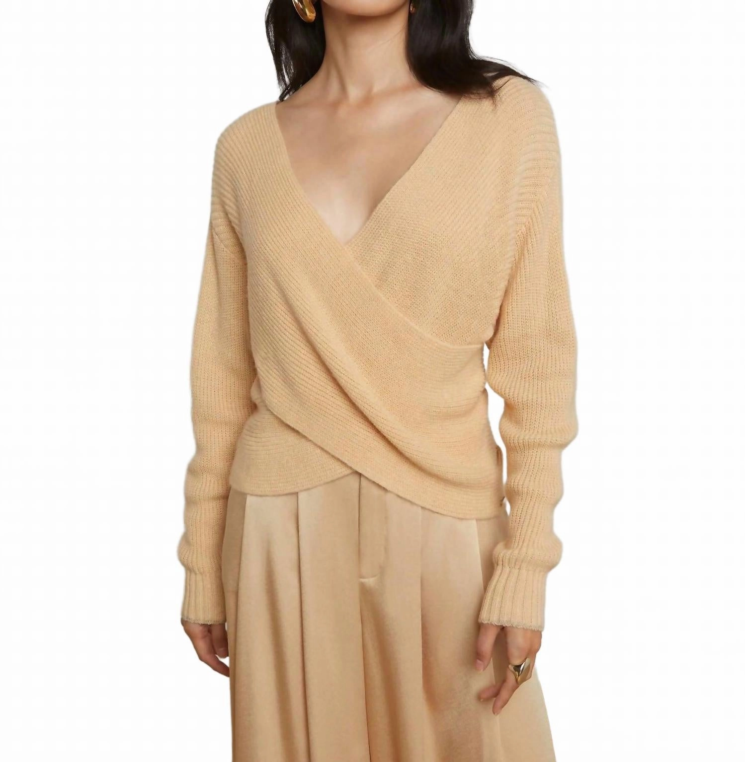 Antonella Crossover Sweater In Warm Sand Layering Style Snuggly Design