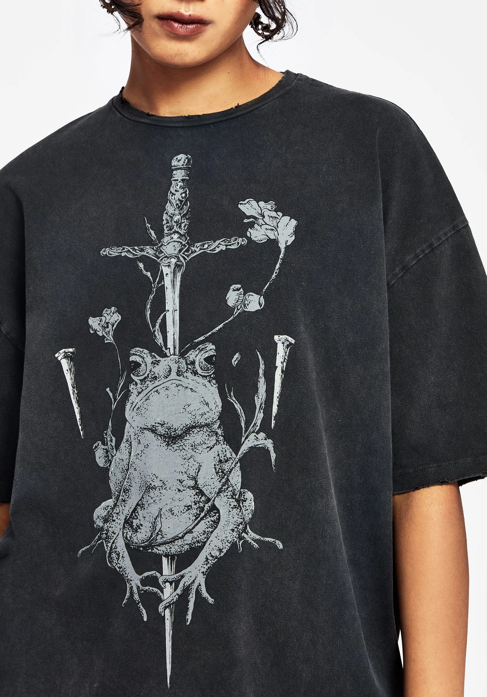 Anura Oversized Acid Wash Frog Graphic Print T-shirt VentilatedMesh