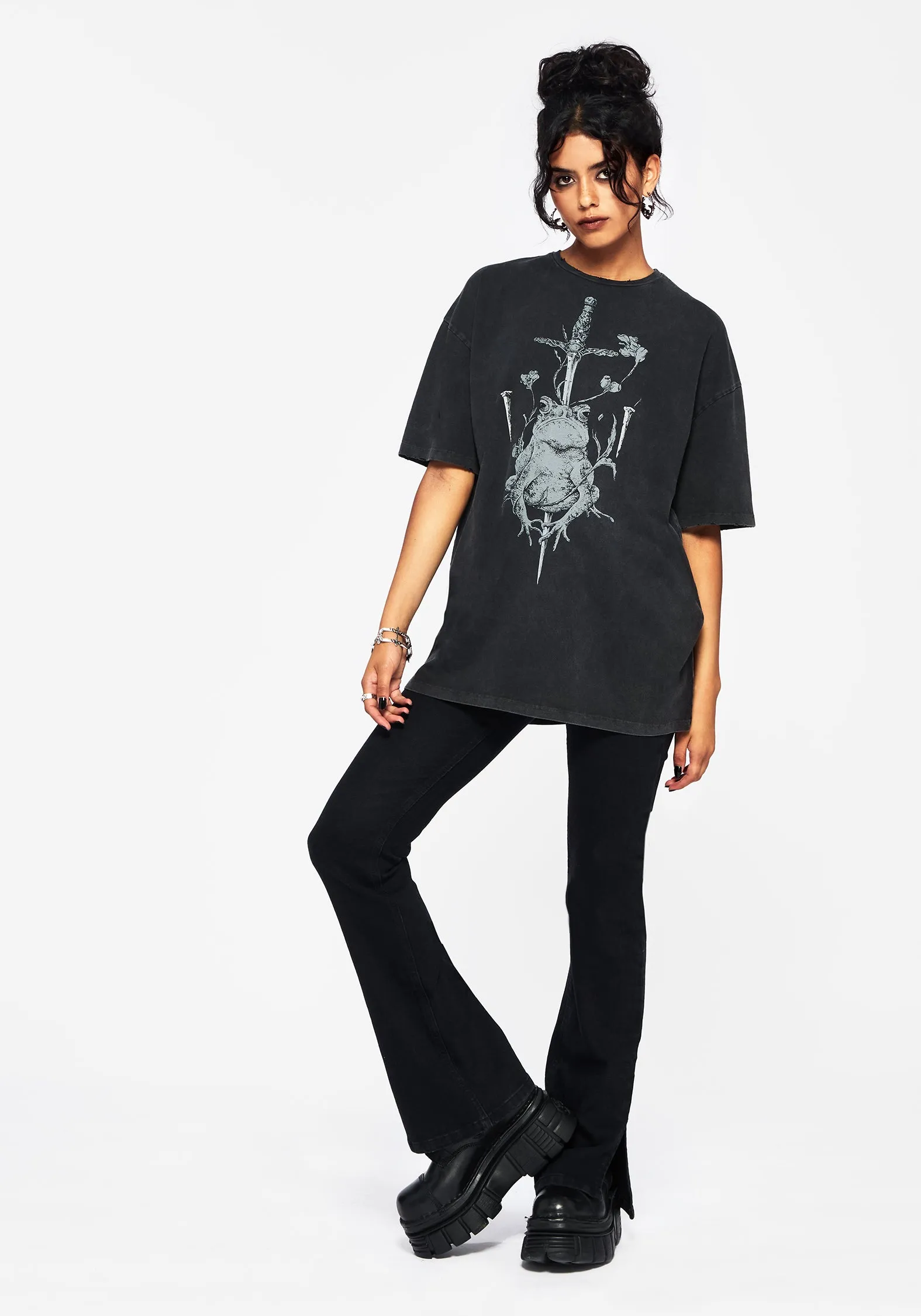 Anura Oversized Acid Wash Frog Graphic Print T-shirt Active Design Low Profile Stitching
