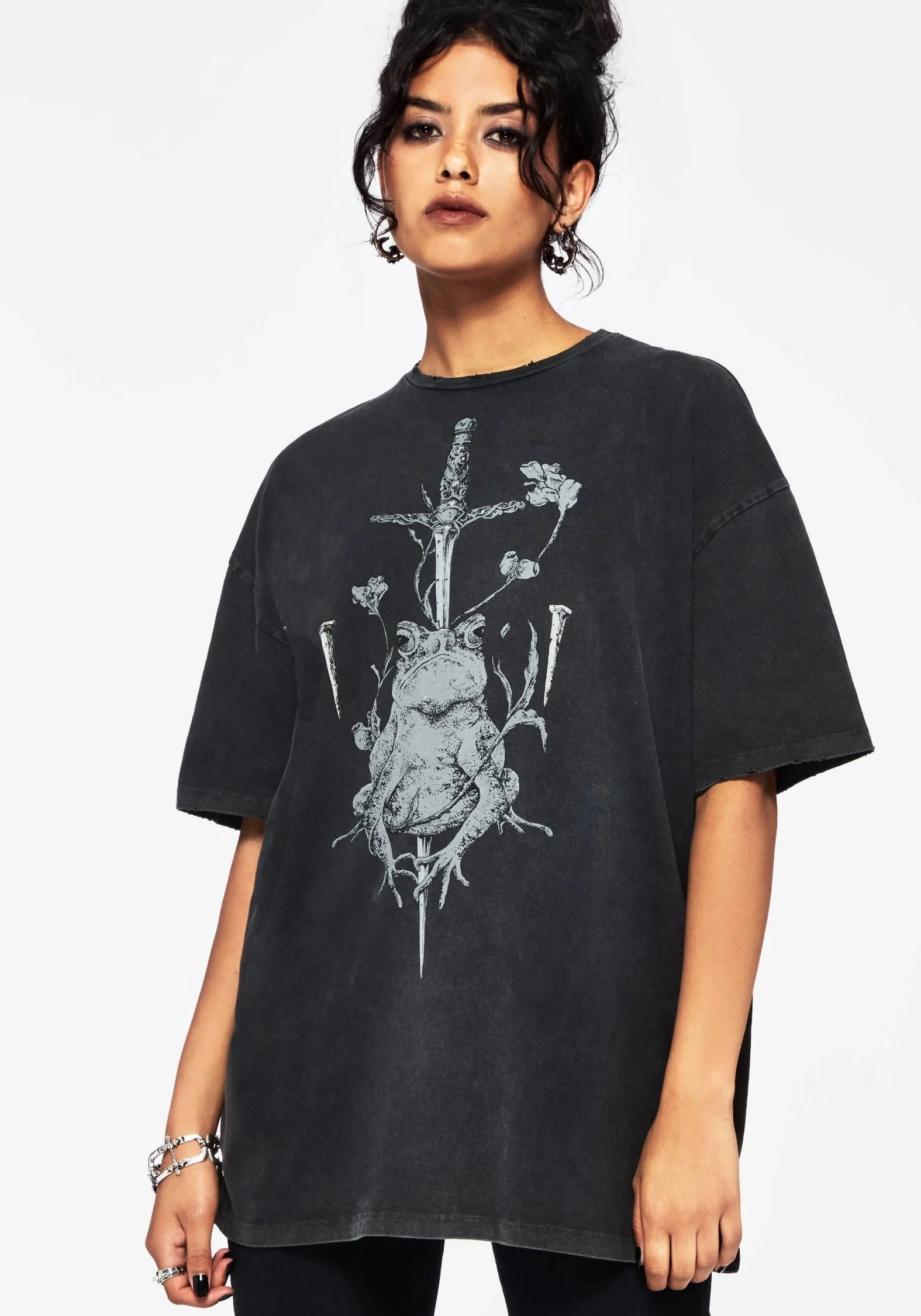 3D Spacer Fabric Durable Overlock Stitch Anura Oversized Acid Wash Frog Graphic Print T-shirt