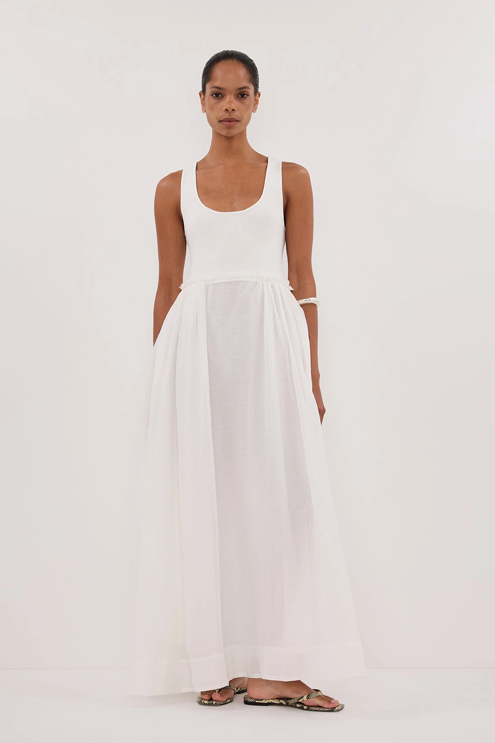 APRIL WHITE HYBRID KNIT MIDI DRESS Modern Touch Natural Style