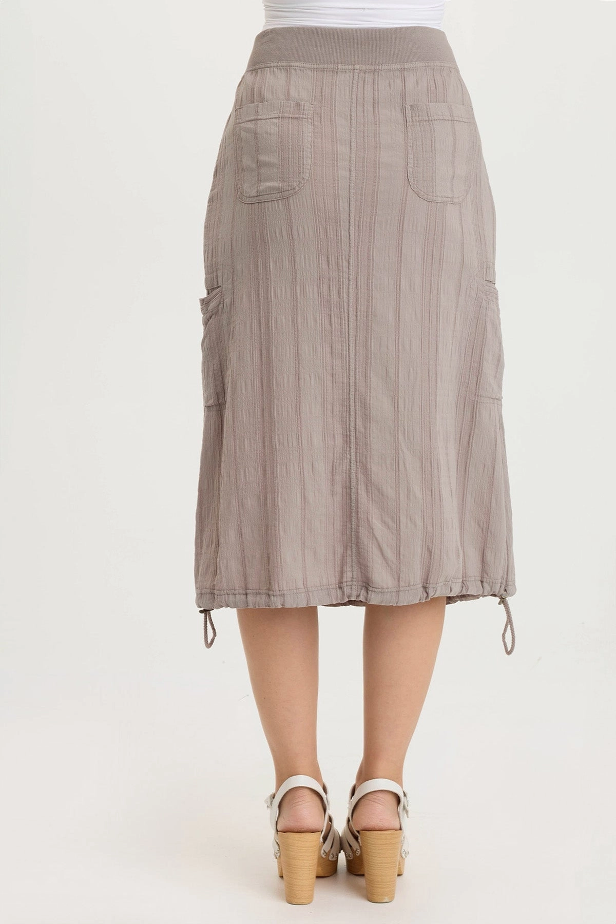 Aracelle Textured Gauze Cargo Bubble Hem Skirt Laser Cut Edges Classic Elegance