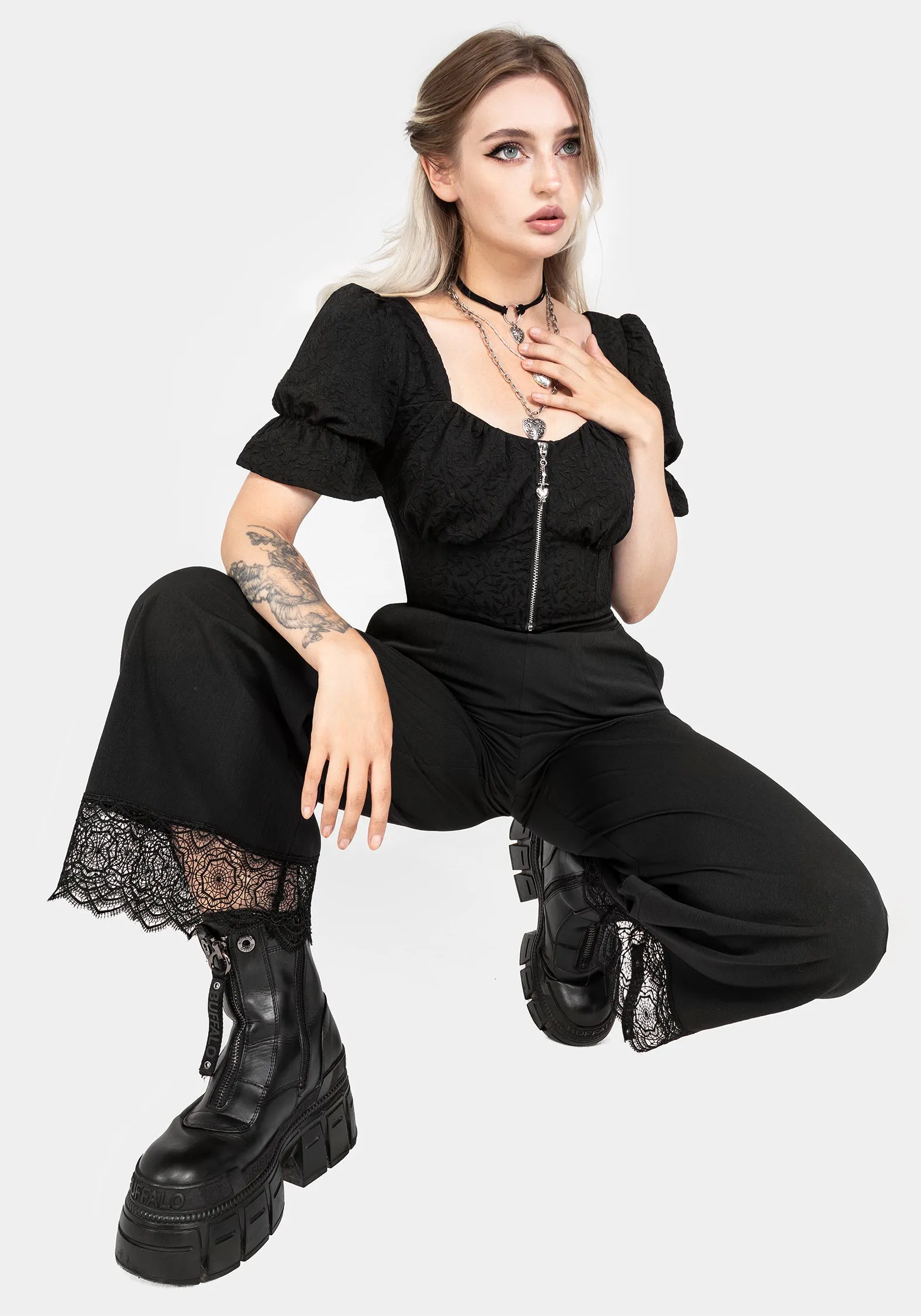Araneo Lace Hem Wide Leg Trousers RipstopFabric Day-to-Day Wear