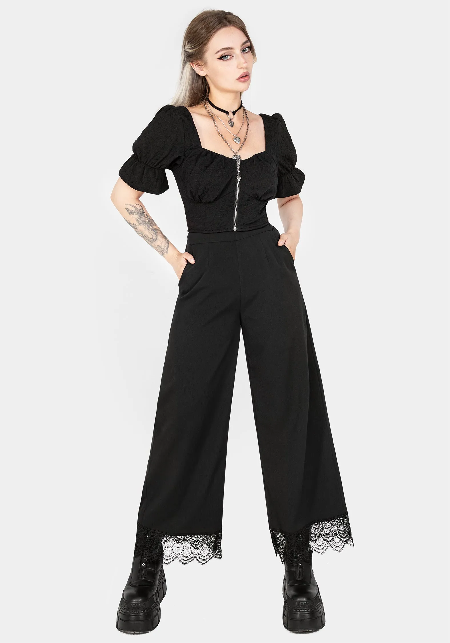 Quick Drying Simple Silhouette Araneo Lace Hem Wide Leg Trousers