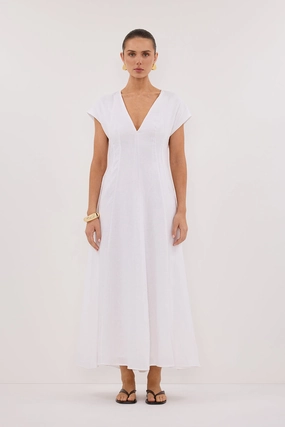 MATISSE WHITE LINEN MIDI DRESS Lace-Sleeve