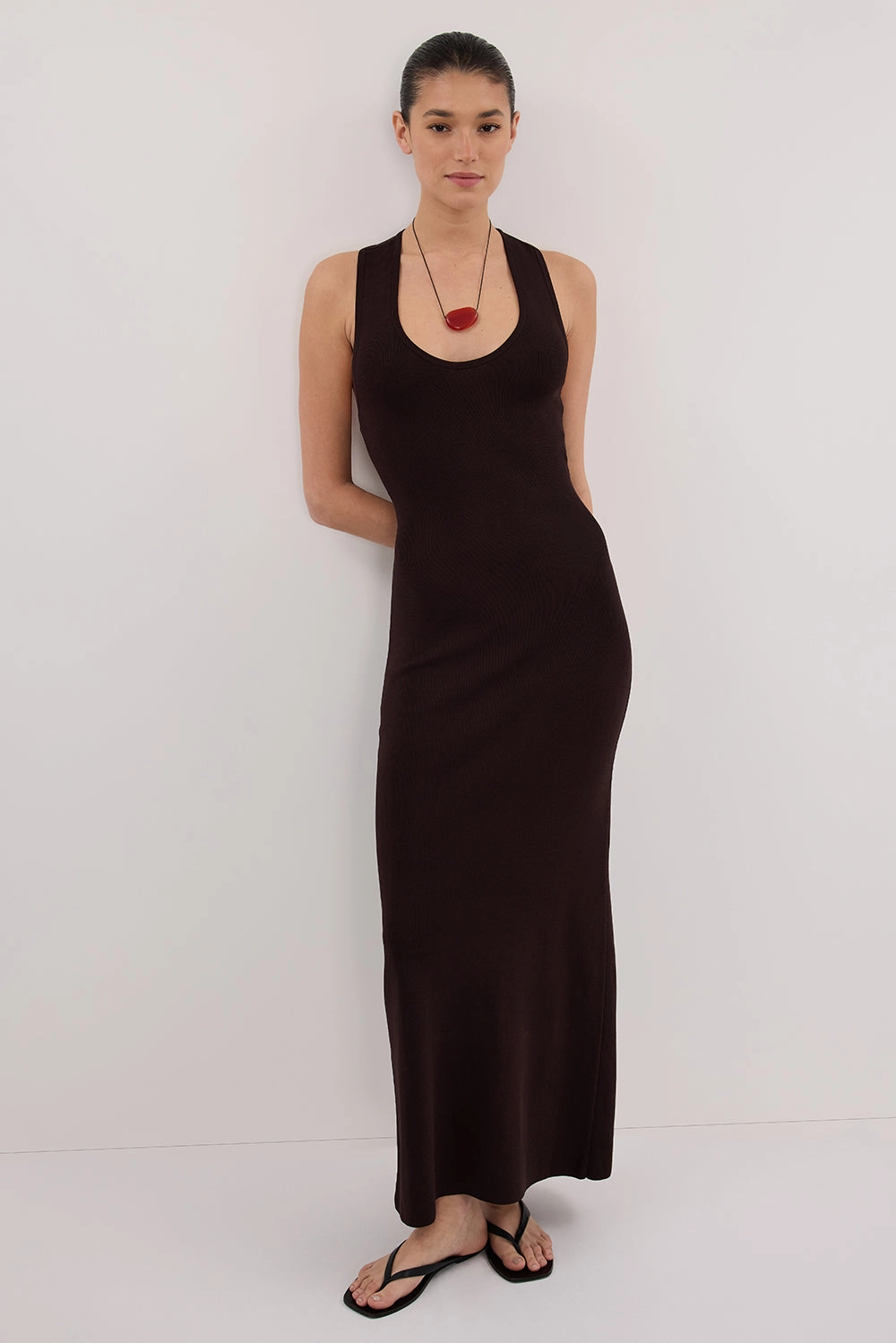 DEVIN BITTER CHOC RACER KNIT MIDI DRESS Casual Chic