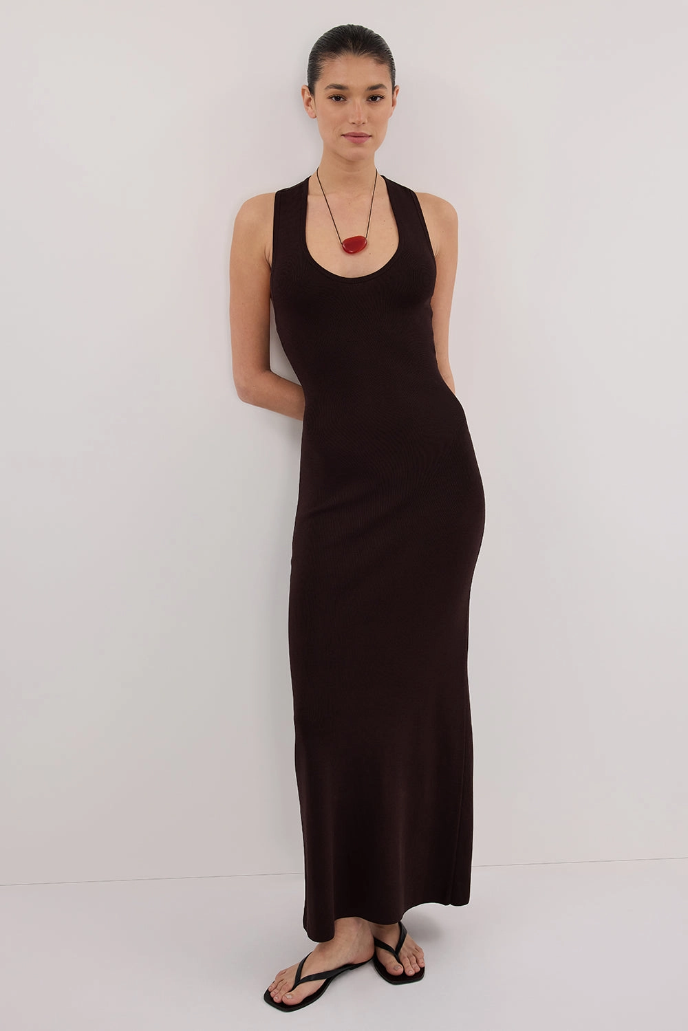 DEVIN BITTER CHOC RACER KNIT MIDI DRESS vacation look