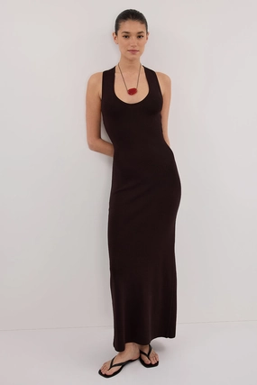 Velvet-Touch Deep Hue DEVIN BITTER CHOC RACER KNIT MIDI DRESS