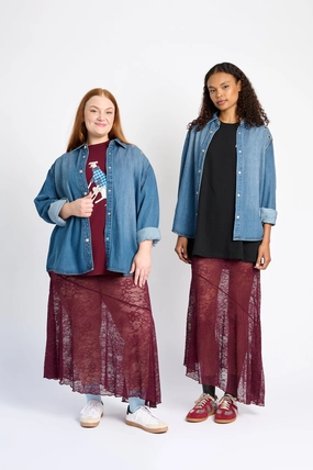 Asymmetrical Hem Lace Skirt in Burgundy Wrap Front