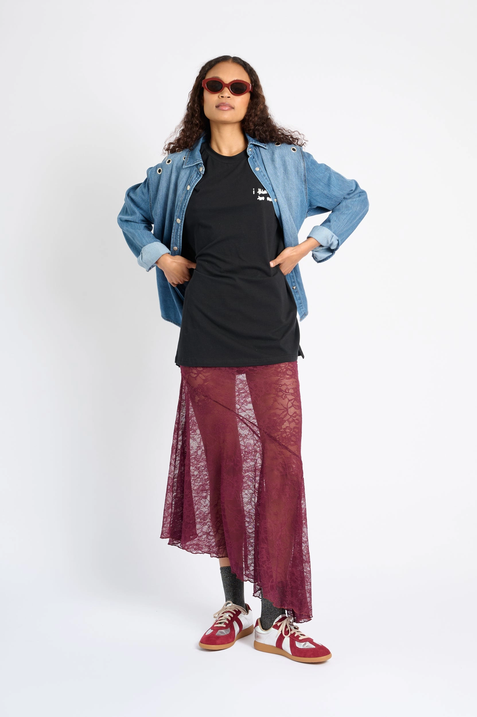 Outfit Lookbook Asymmetrical Hem Lace Skirt in Burgundy