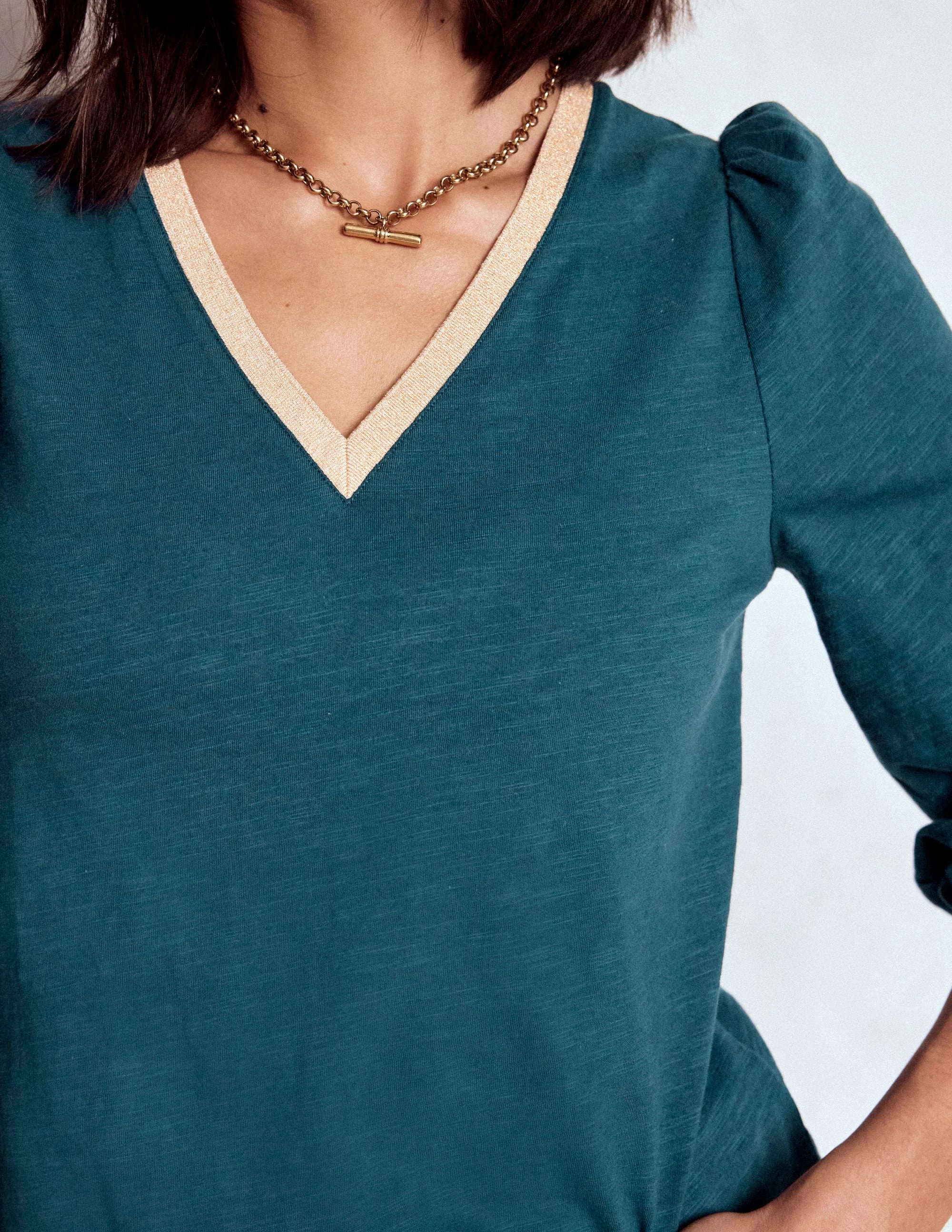 Athletic Drop Tail Metallic Trim Long Sleeve Top-Midnight Teal Interlock Knit