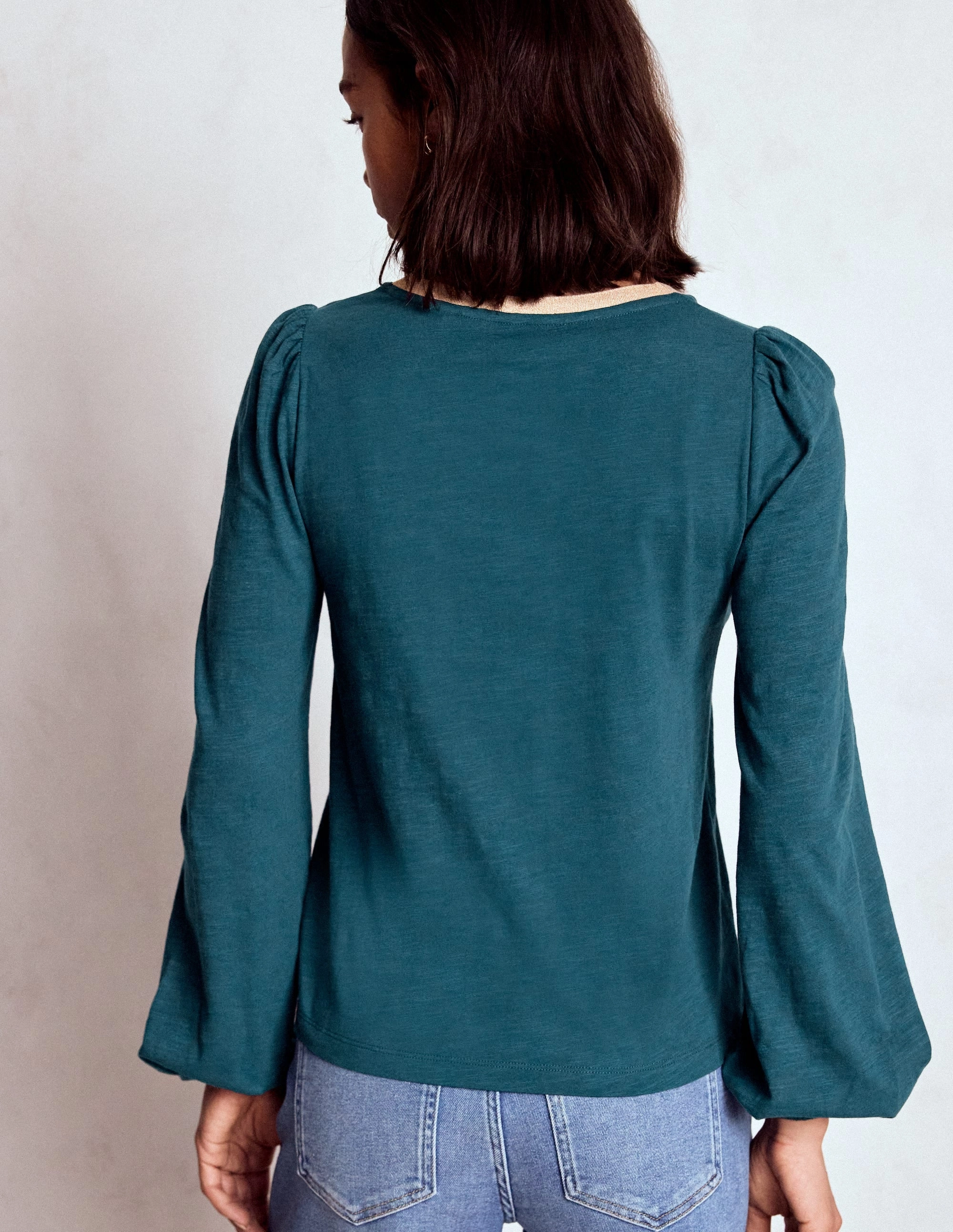 Athletic Drop Tail Metallic Trim Long Sleeve Top-Midnight Teal Casual Tank AllClimateAdaptive