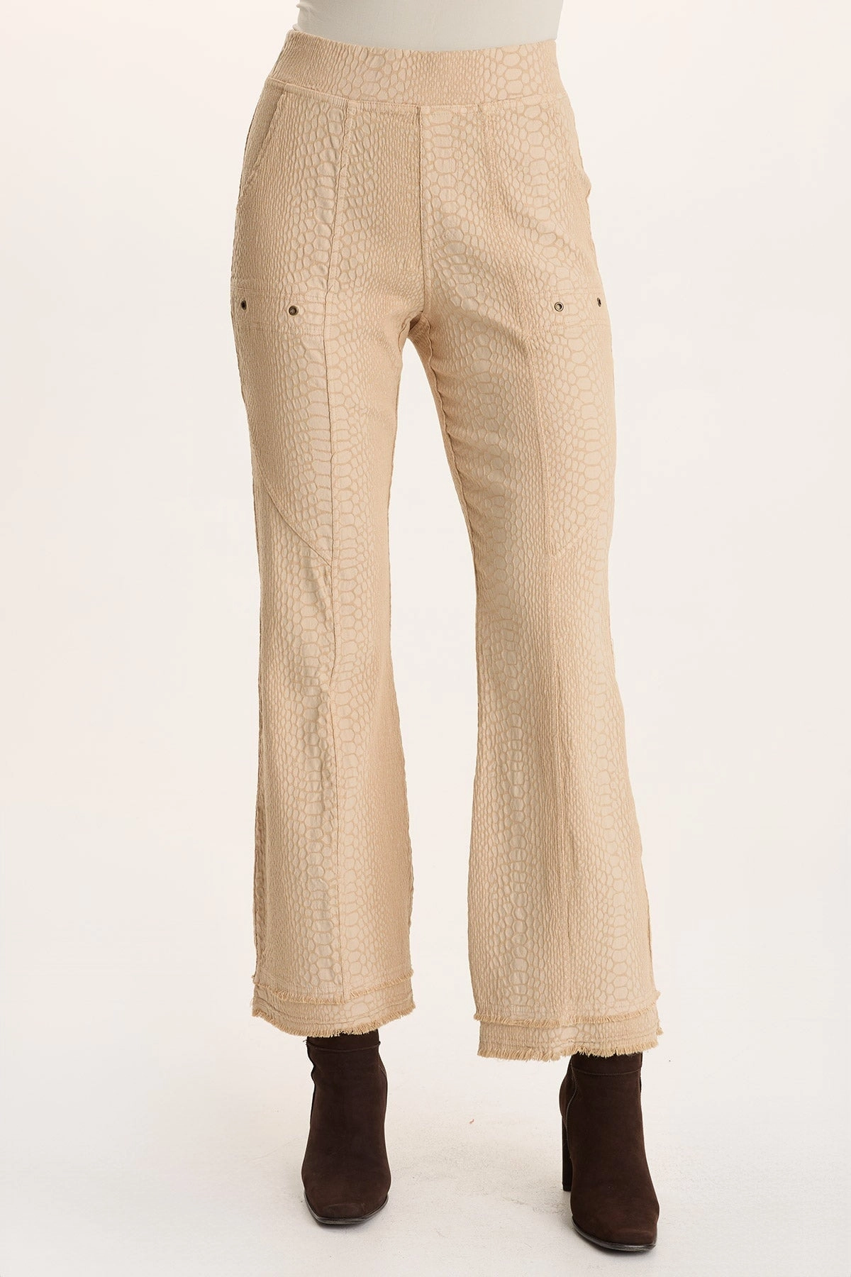 Distressed finish Askell Textured Jacquard Flared Pull-On Pant