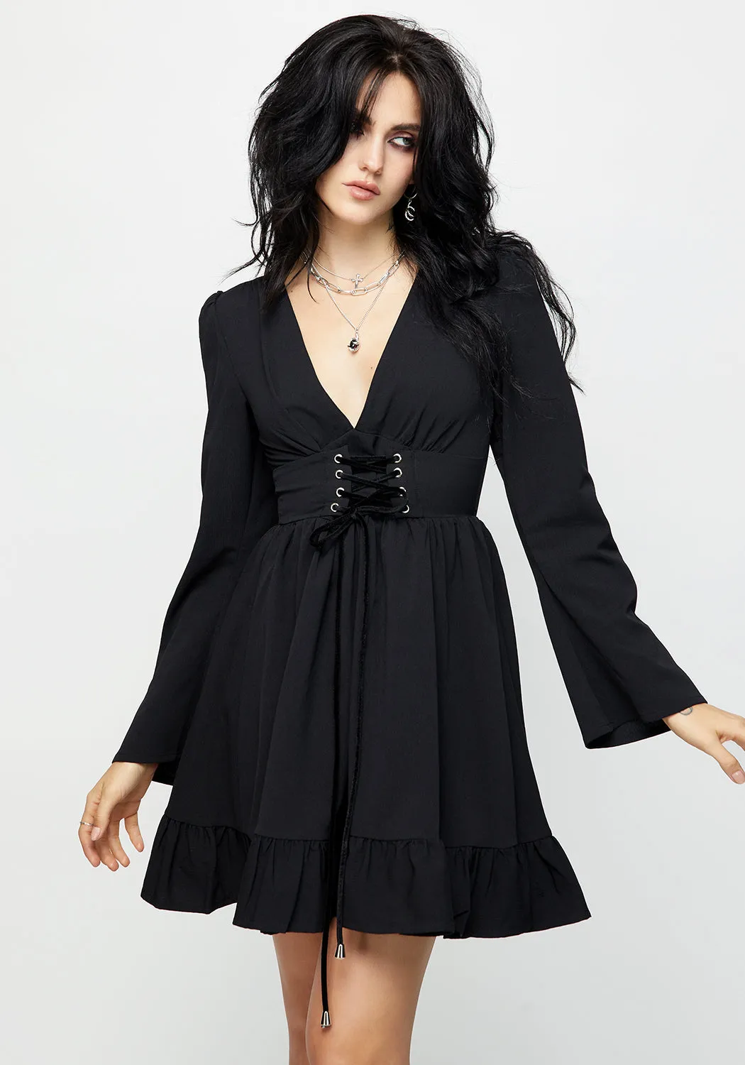 Elegant Layers Timeless Touch Aura Lace Up Mini Dress