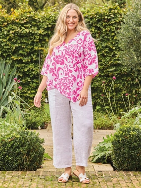 Ava Linen Top - Fuchsia Layered Hemline Casual Tee