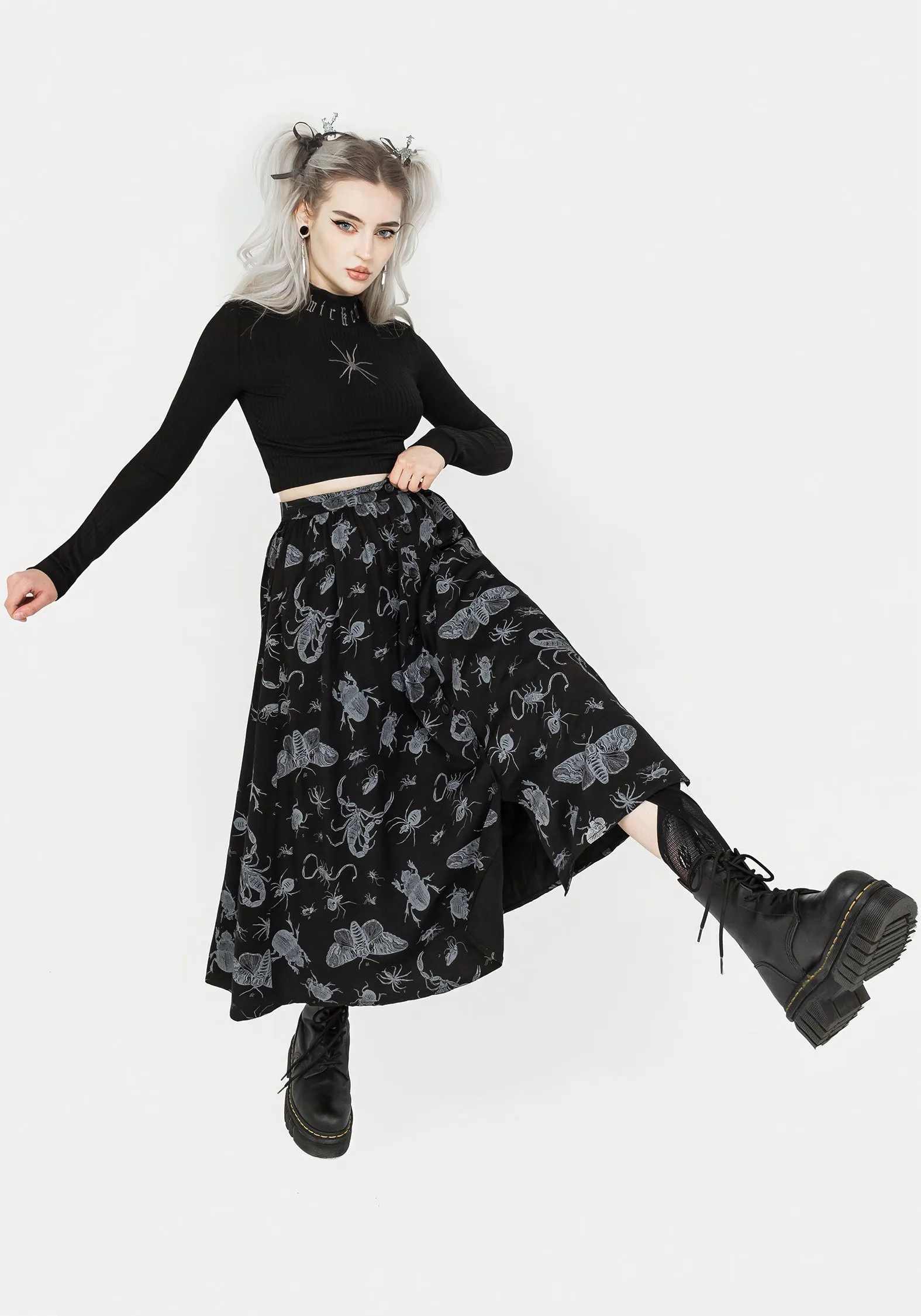 Parasite Bugs Button Front Midi Skirt - Black understated look Bohemian vibe