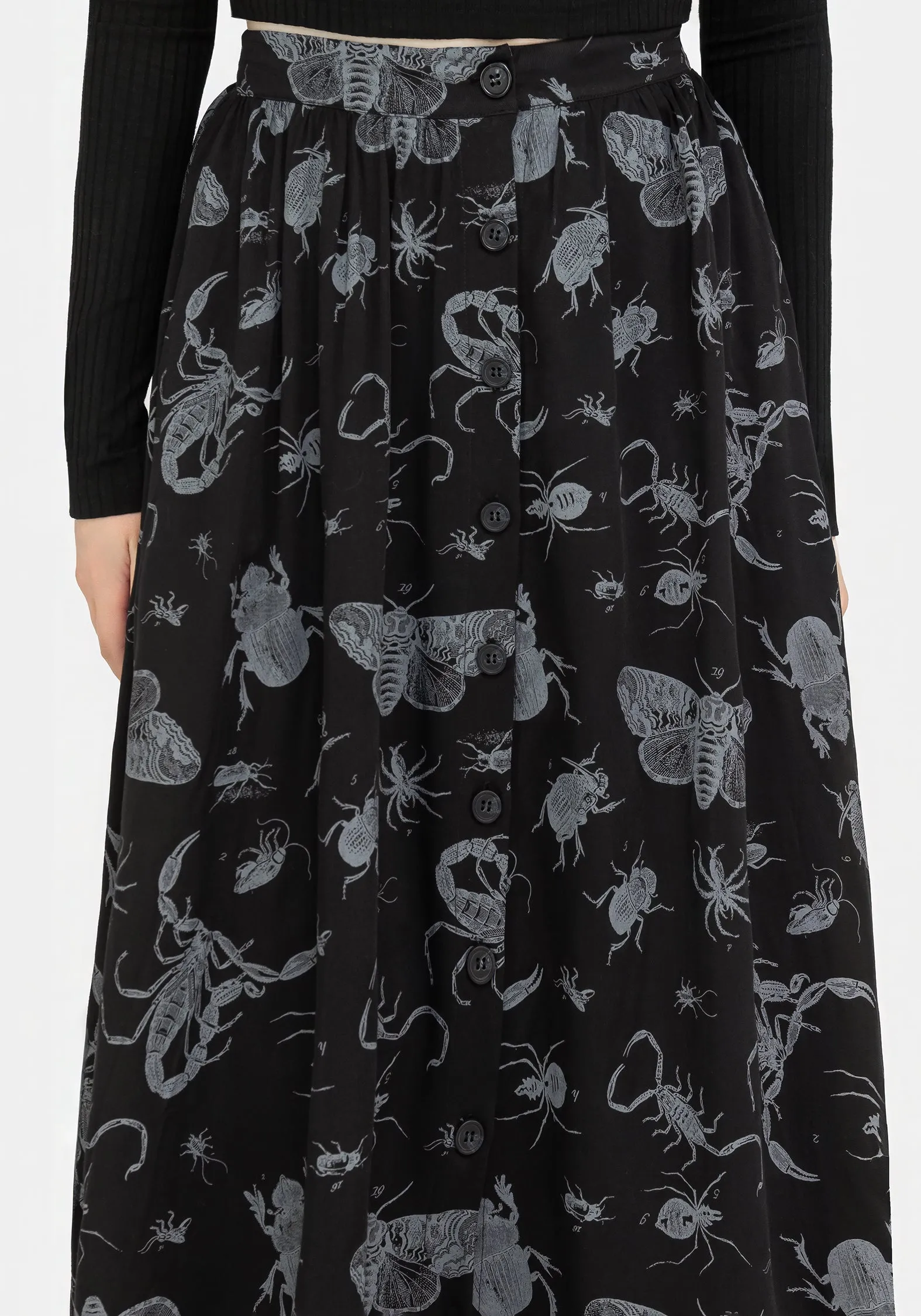 Parasite Bugs Button Front Midi Skirt - Black Double Layer Construction