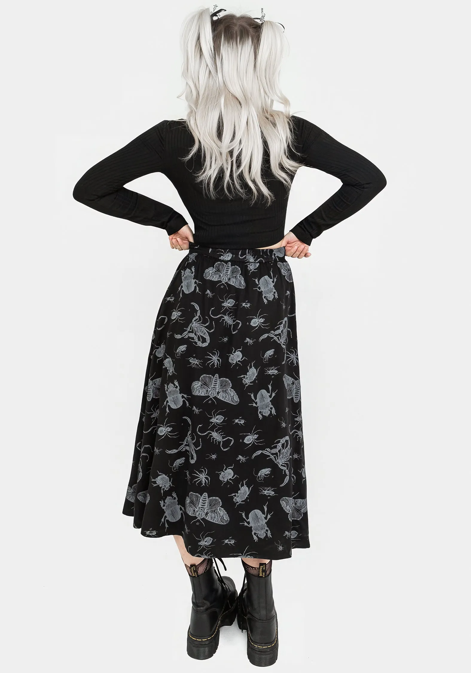Recycled Material Clean Lines Parasite Bugs Button Front Midi Skirt - Black