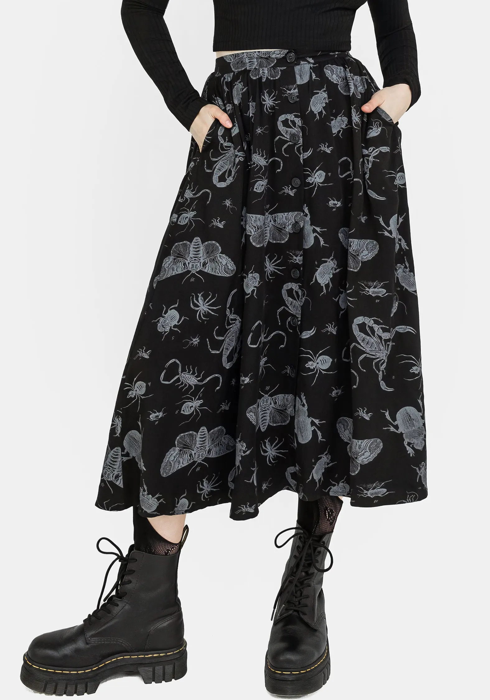 Parasite Bugs Button Front Midi Skirt - Black Minimal Design