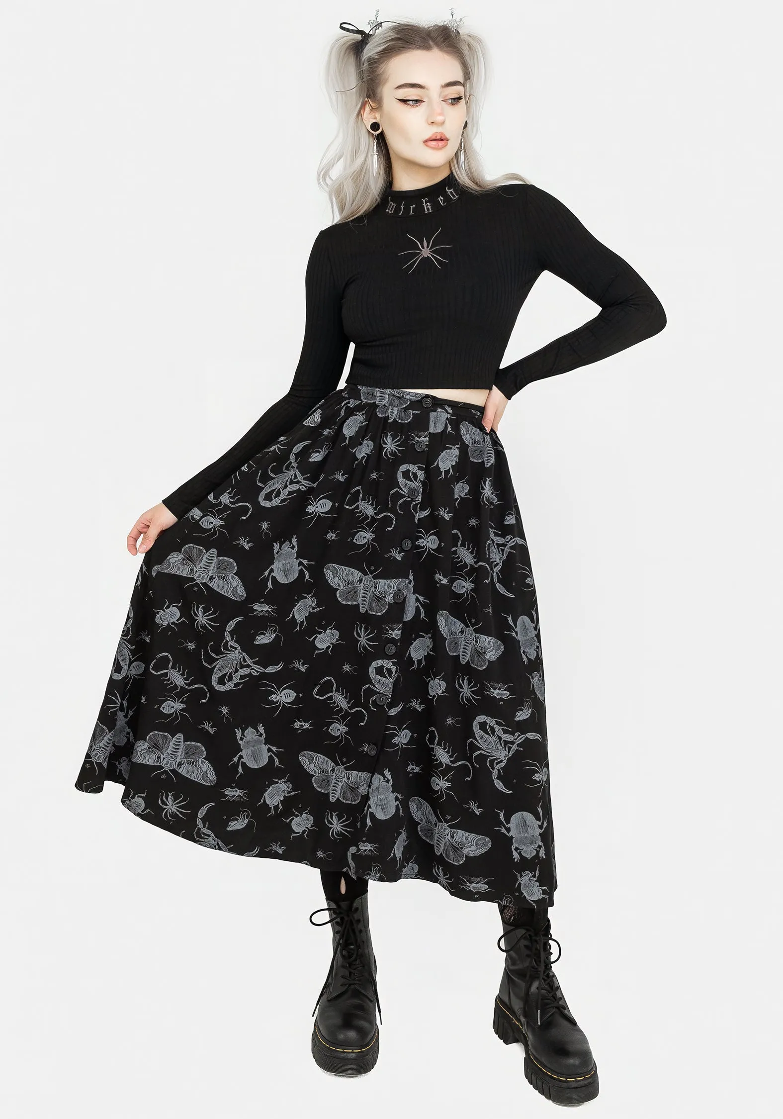 Parasite Bugs Button Front Midi Skirt - Black Leg Elongating