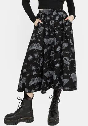 Parasite Bugs Button Front Midi Skirt - Black Minimal Design