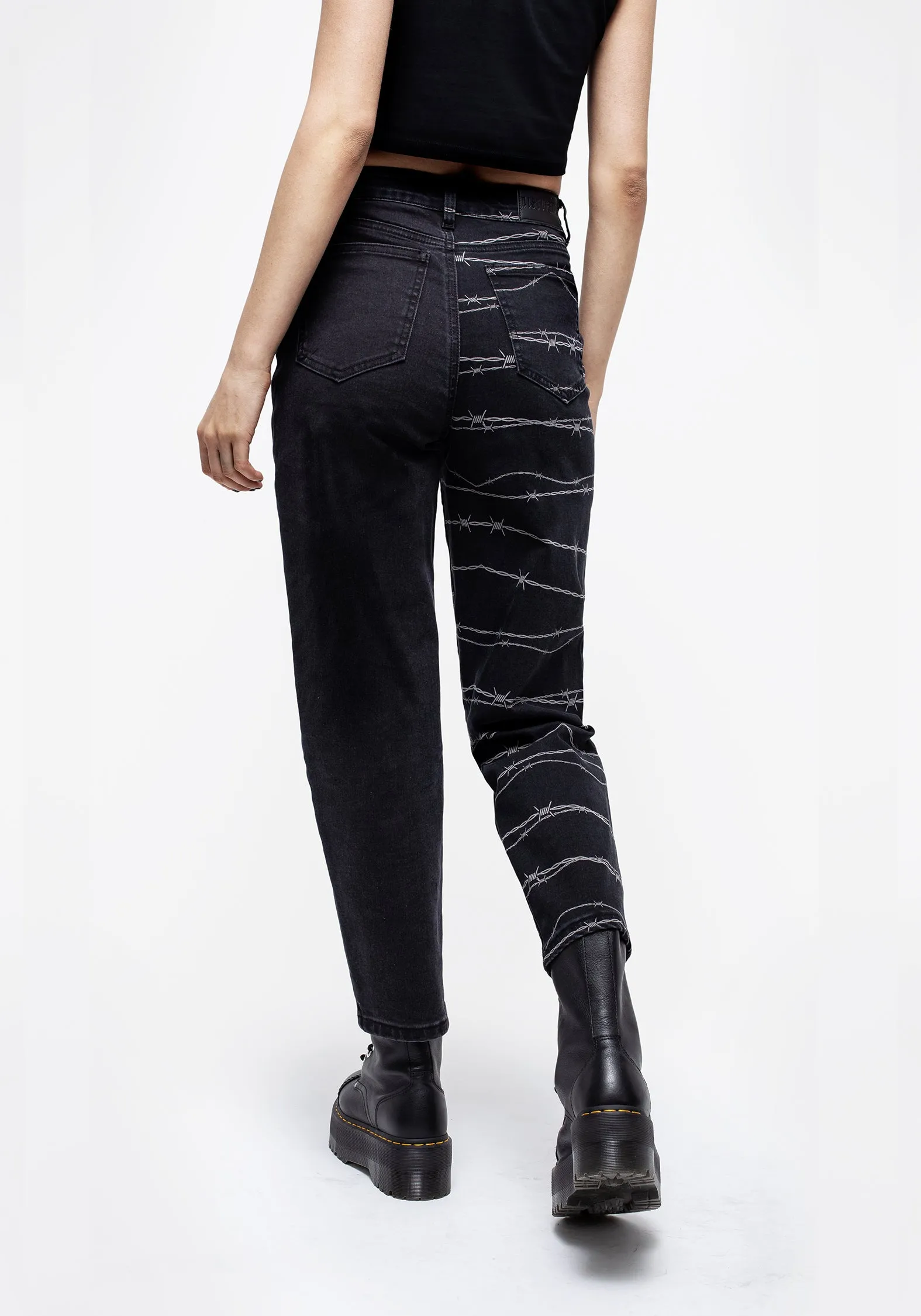 Barbed Wire Spliced Mom Jeans Versatile Everyday Wear