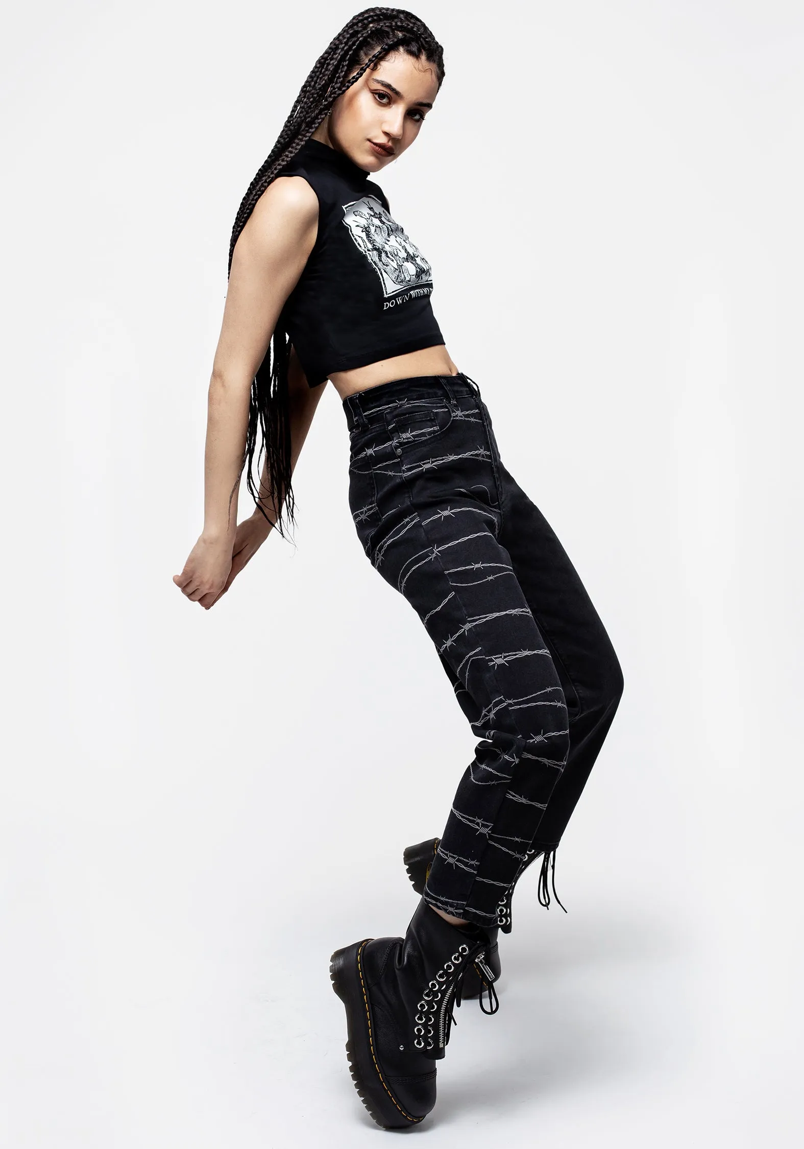 Relaxed Style Bold Home Comfort Teen Outfit Barbed Wire Spliced Mom Jeans