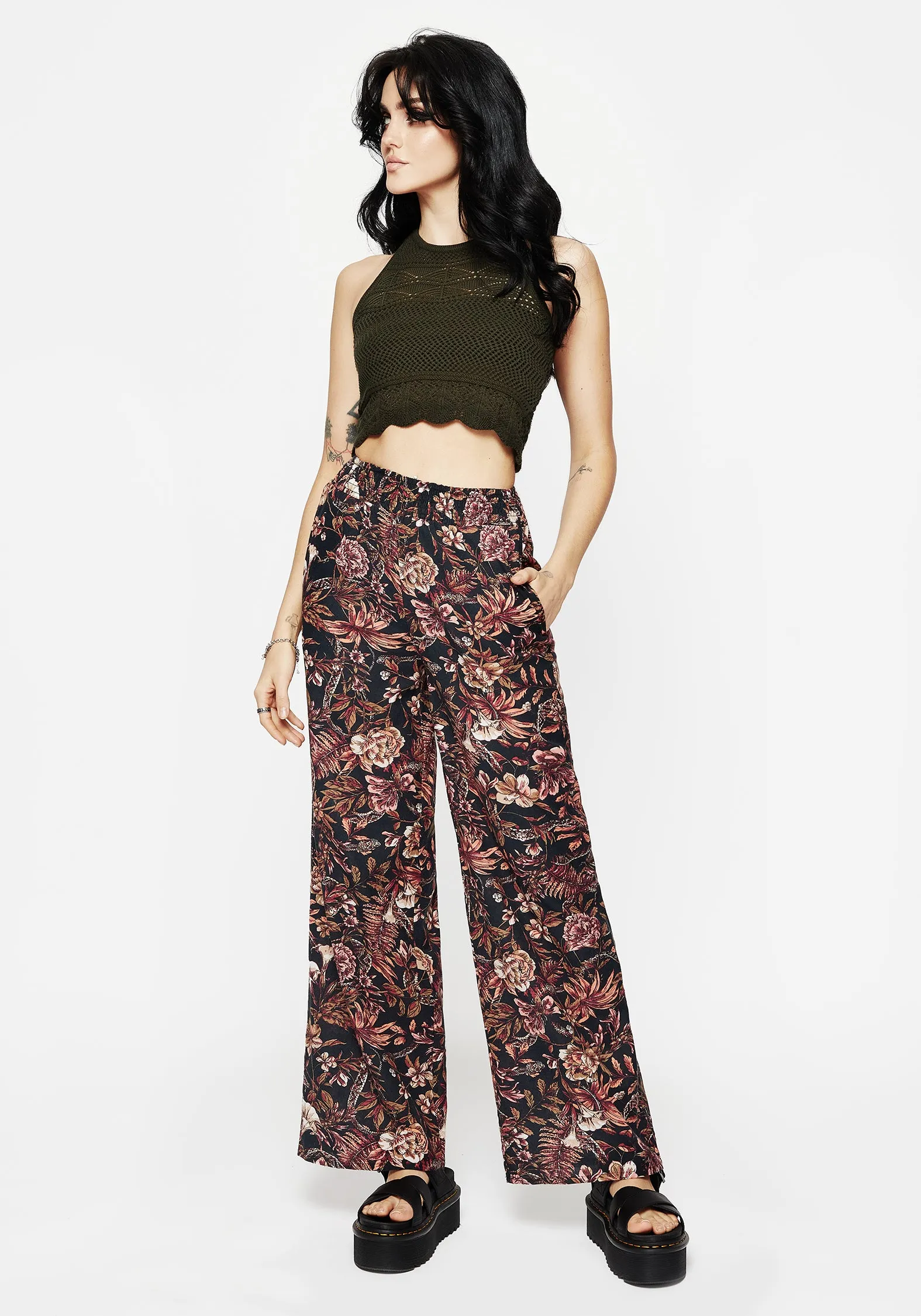 Bashe Cotton Floral Snake Print Wide Leg Trousers Versatile Layer Wide-leg cut