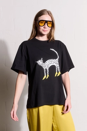 Microfiber Material Black Statement Tee with Cheetah in Heels