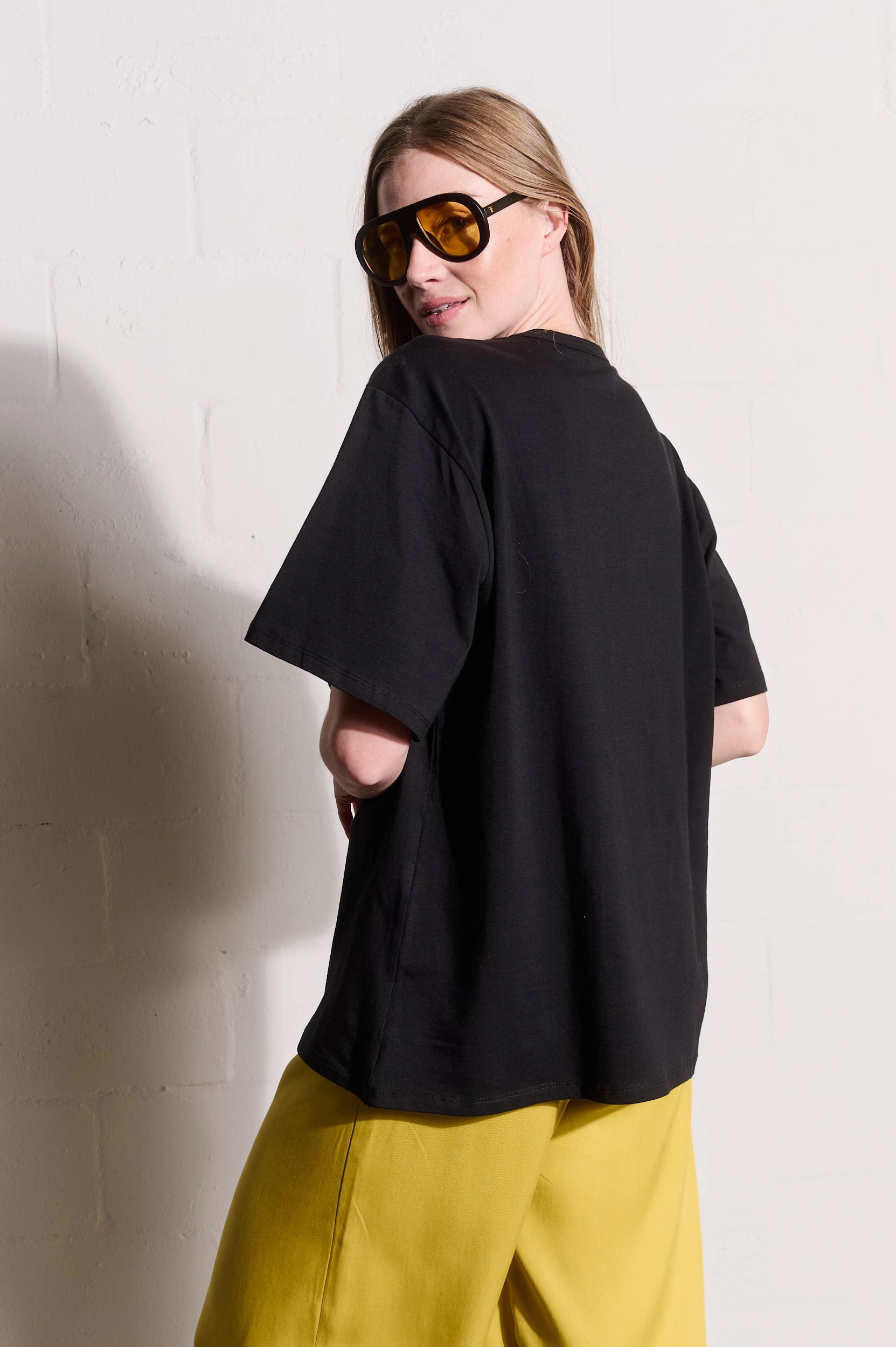 Black Statement Tee with Cheetah in Heels Sun Protection Fabric Durable Chainstitch