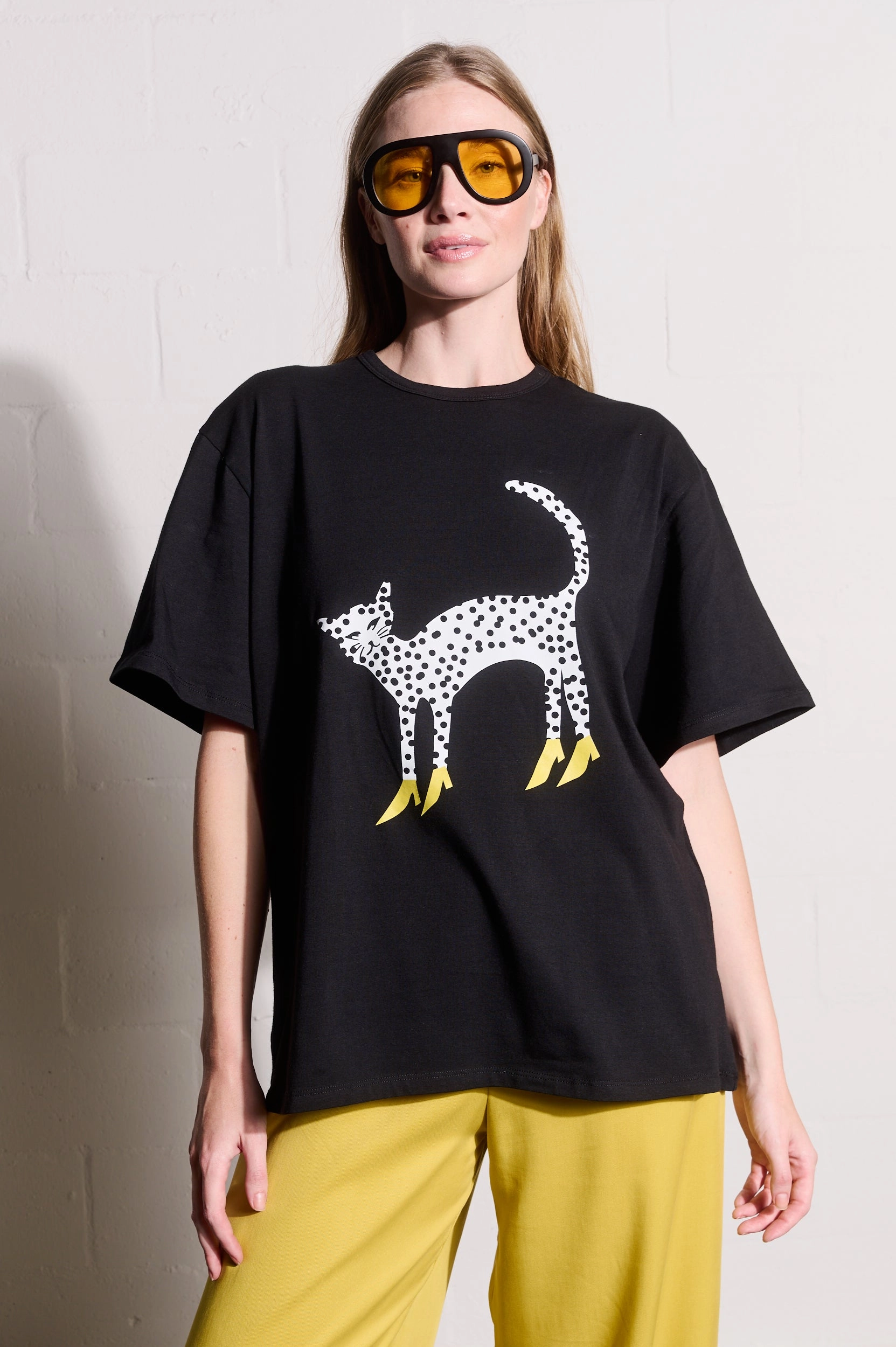Reflective Accent Trim Black Statement Tee with Cheetah in Heels