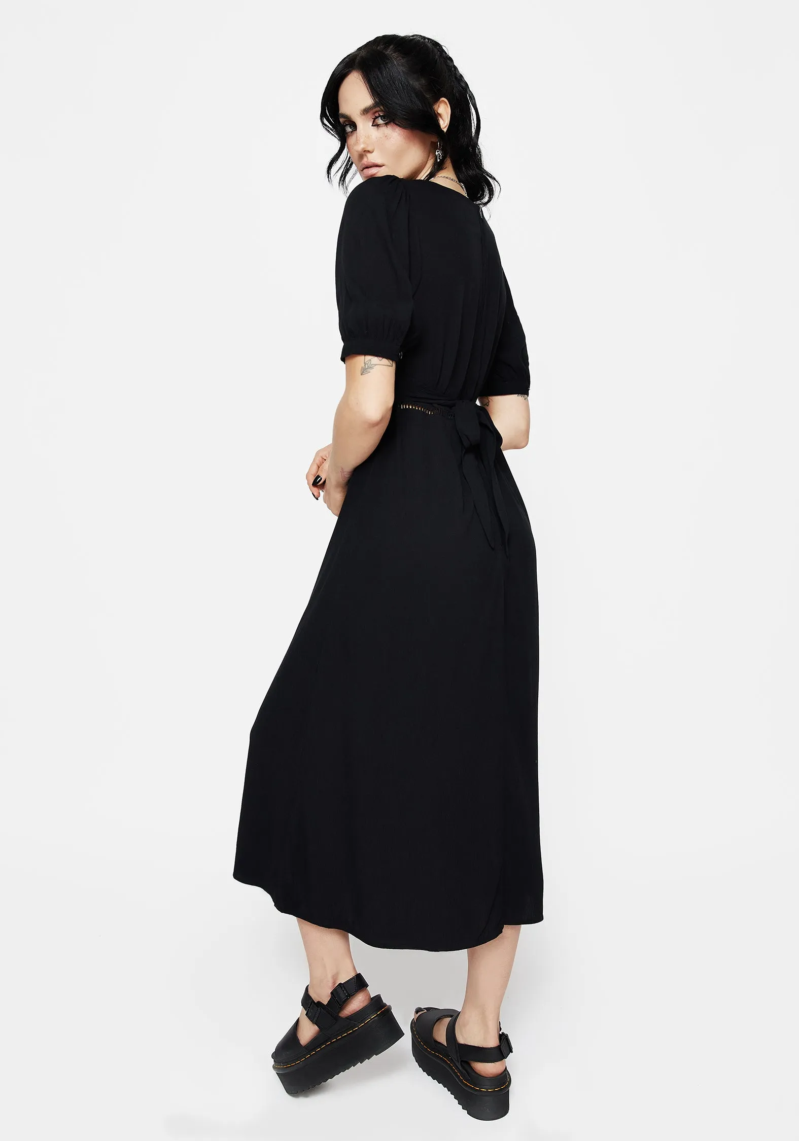 Decorative-Design spring fashion Blessing Puff Sleeve Tie Back Midi Dress
