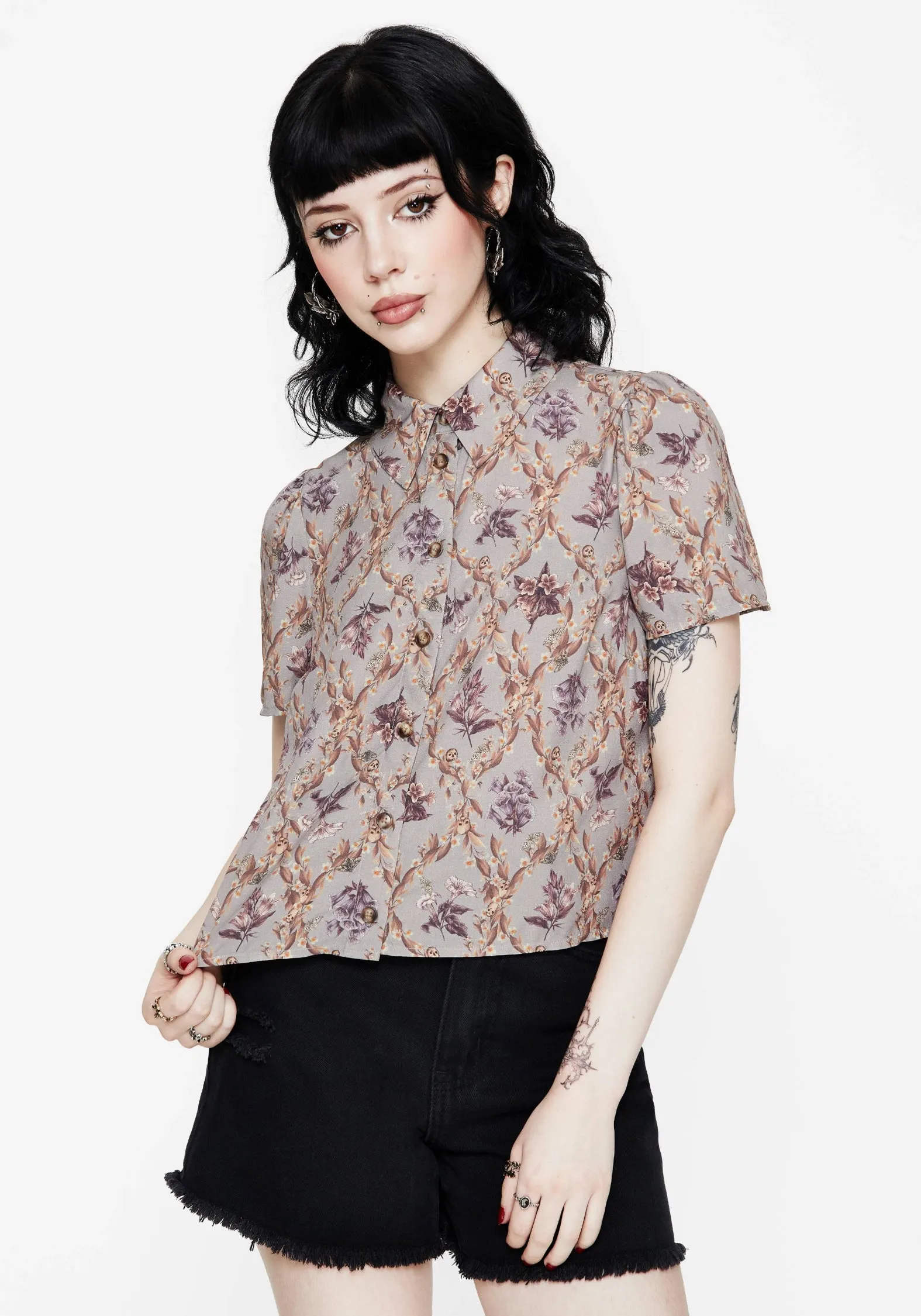 Blossom Floral Tile Printed Cropped Button Up Shirt Conference Appropriate Brushed Inner Lining