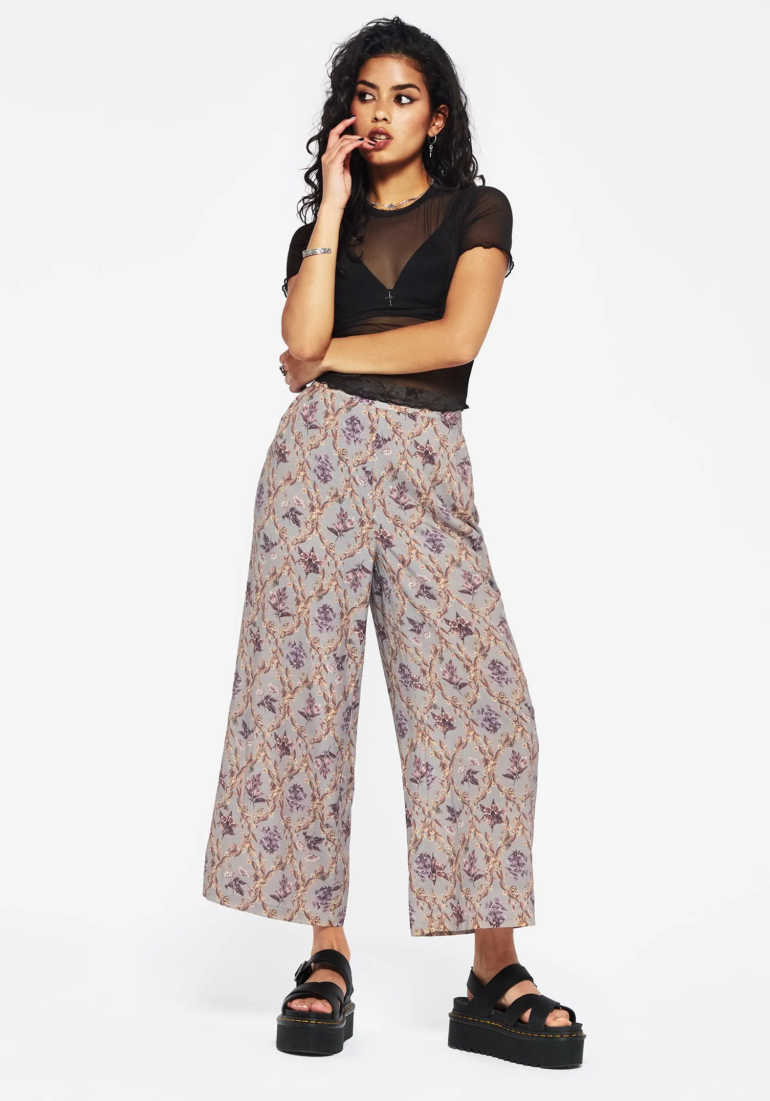 Comfort Wear Fashion-Forward Blossom Floral Tile Printed Wide Leg Culotte Trousers