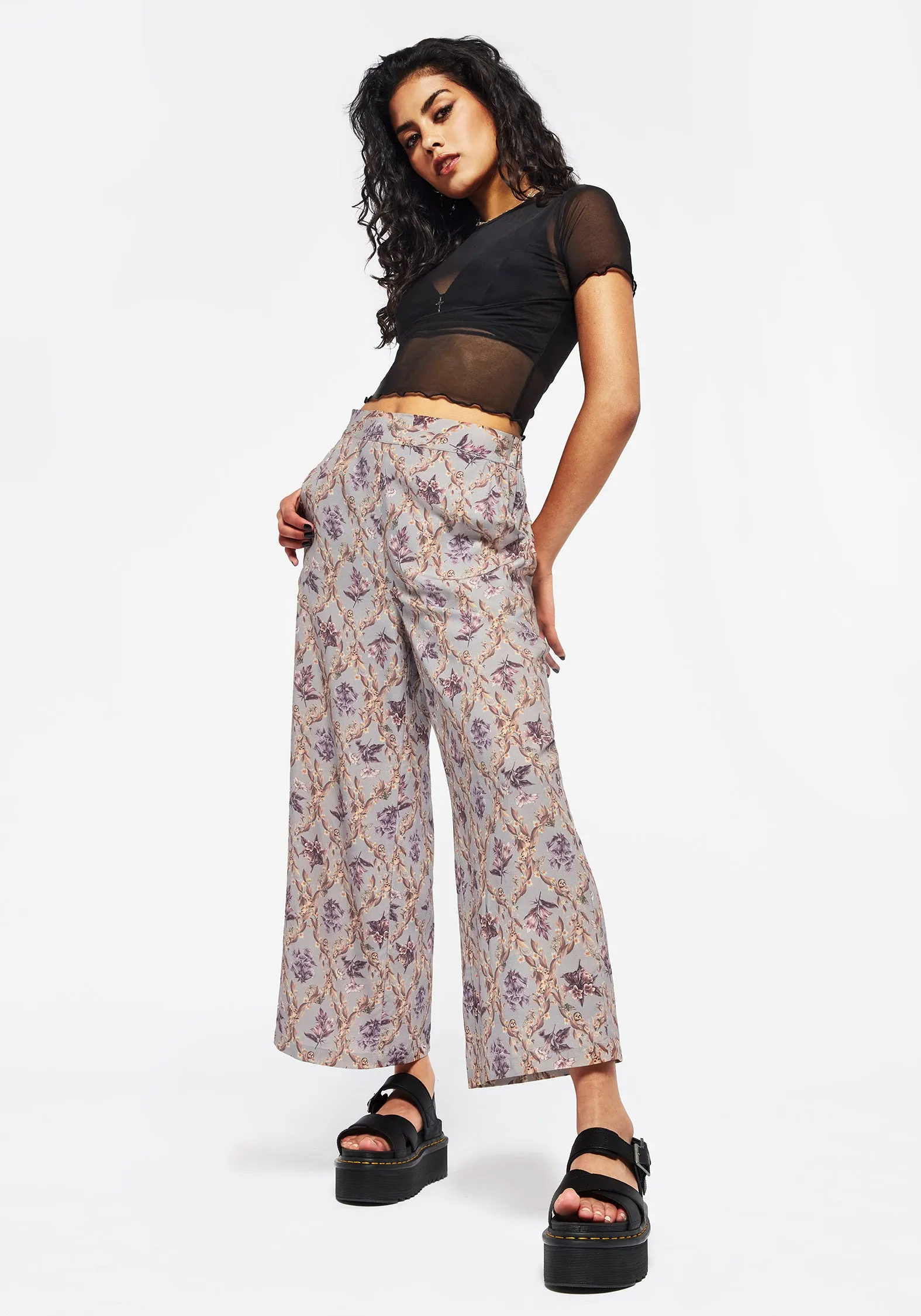 All Season Blossom Floral Tile Printed Wide Leg Culotte Trousers