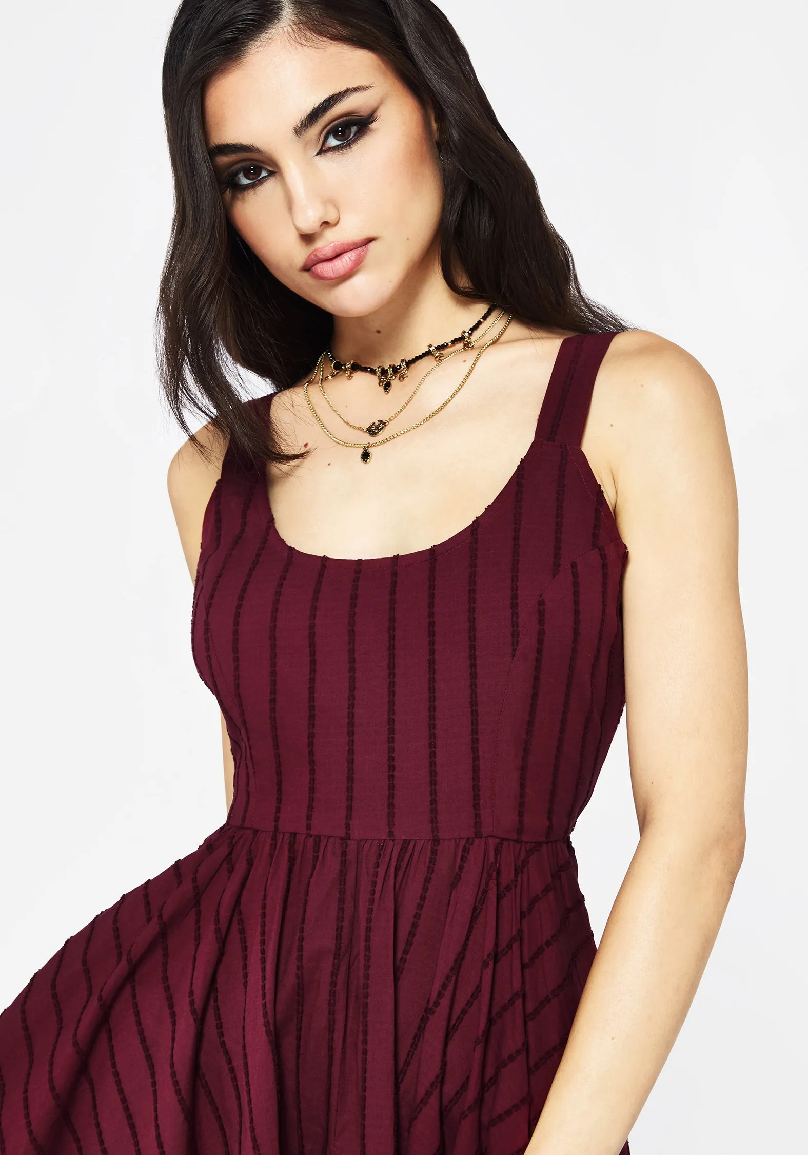 Blythe Cotton Handkerchief Hem Midaxi Dress - Burgundy Walk Mood Dainty Finish