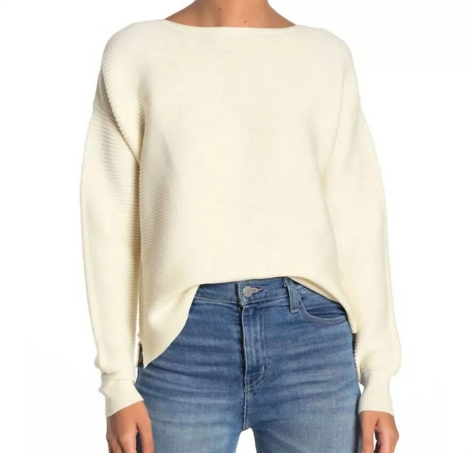 Boatneck Ribbed Knit Sweater Ottoman Sleeves In Ivory Luxe Wear Perfect Warmth