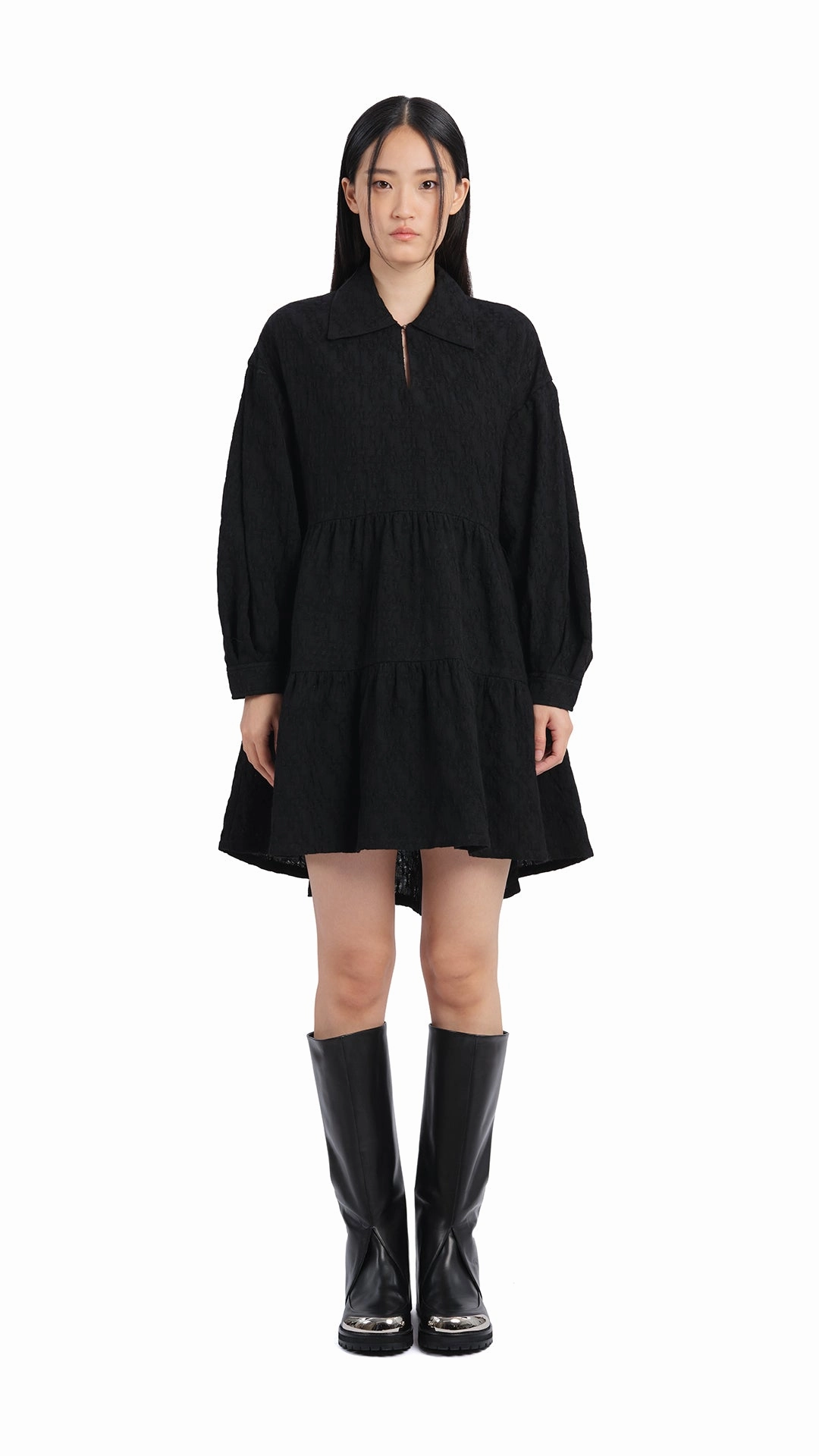 Chic Tone Chill Lines Pleated Sleeves Dress