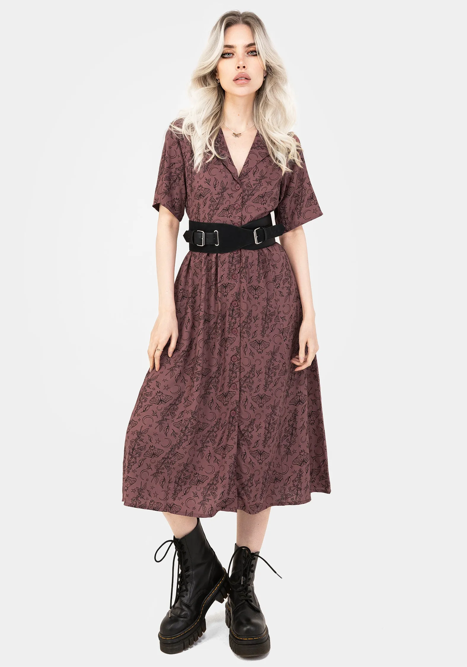 Roxana Moth Foxglove Button Down Midi Shirt Dress Designer-Label Soft-Lining