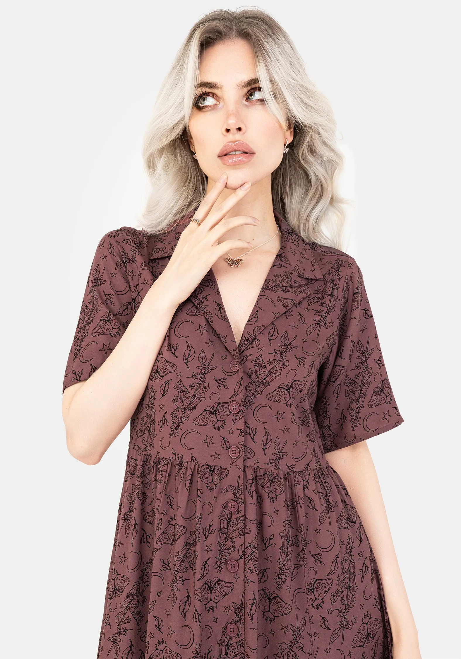 Modern Layering Sister Glow Roxana Moth Foxglove Button Down Midi Shirt Dress