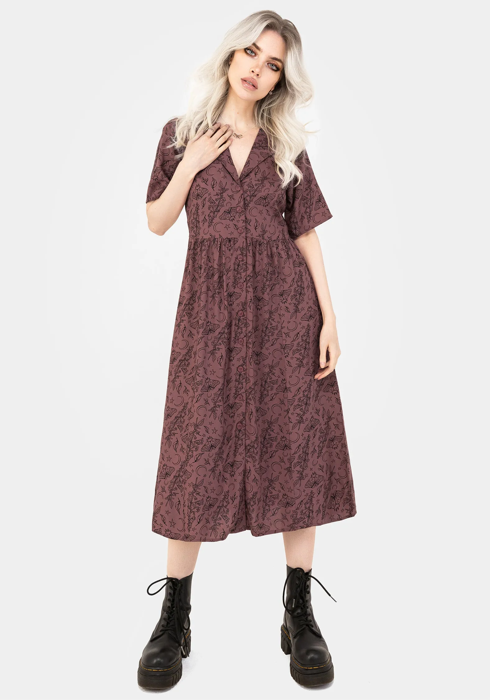 Smooth Curve Mood Friendly Roxana Moth Foxglove Button Down Midi Shirt Dress