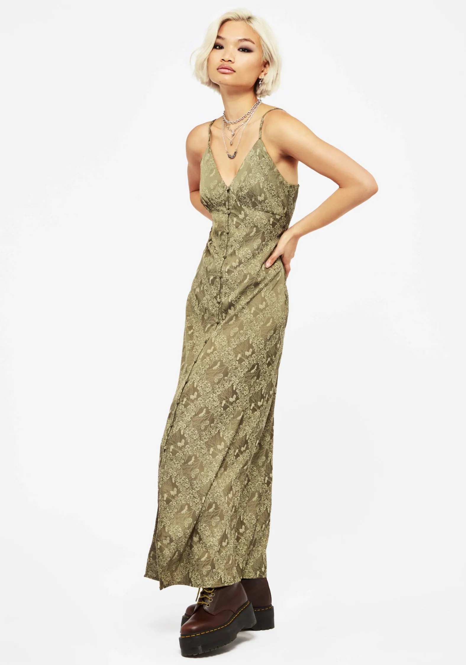 Yara Floral Print Button Up Maxi Slip Dress Light and Comfortable Wear Satin-Finish