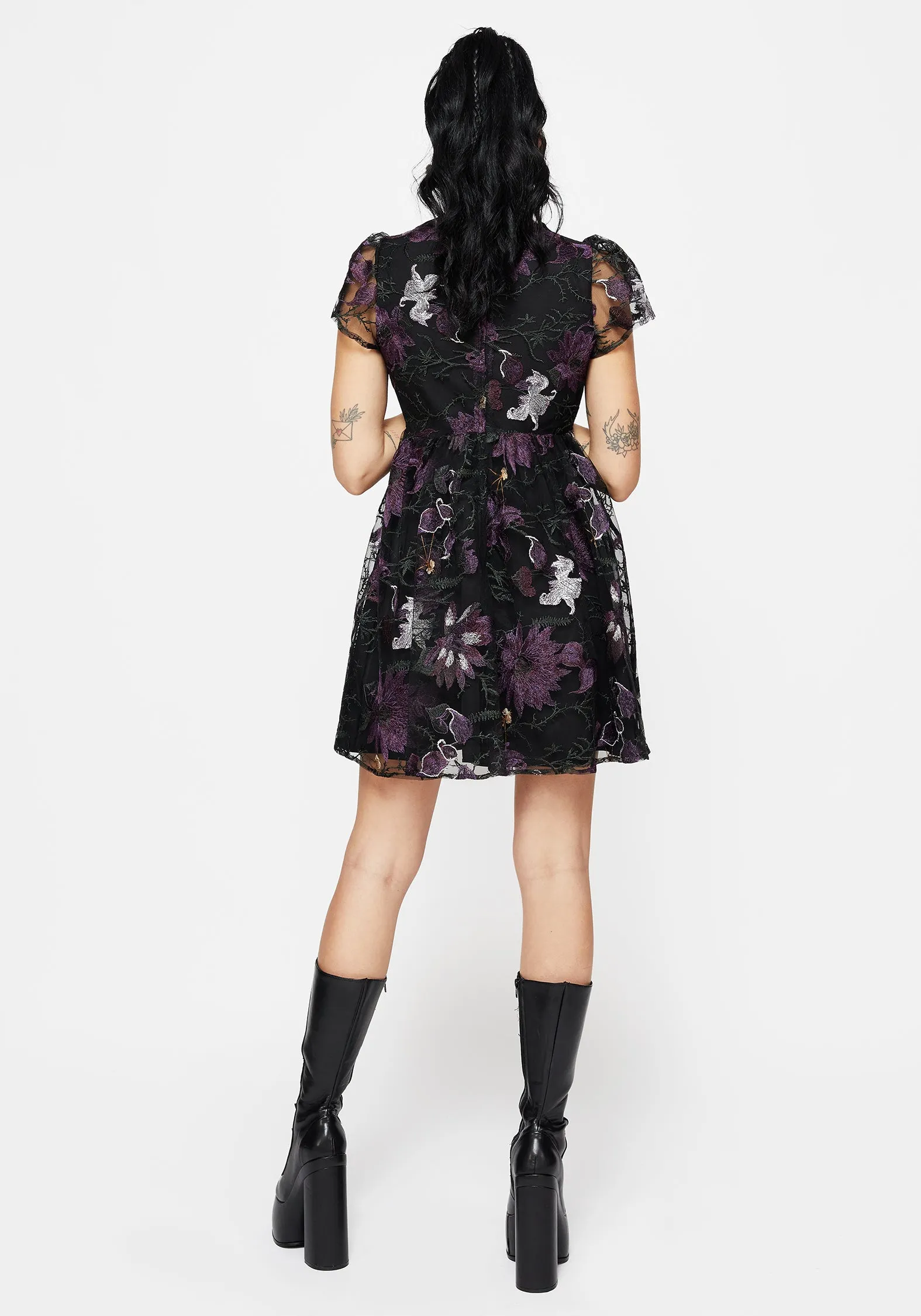 countryside Estrid Embroidered Mesh Flute Sleeve Mini Dress