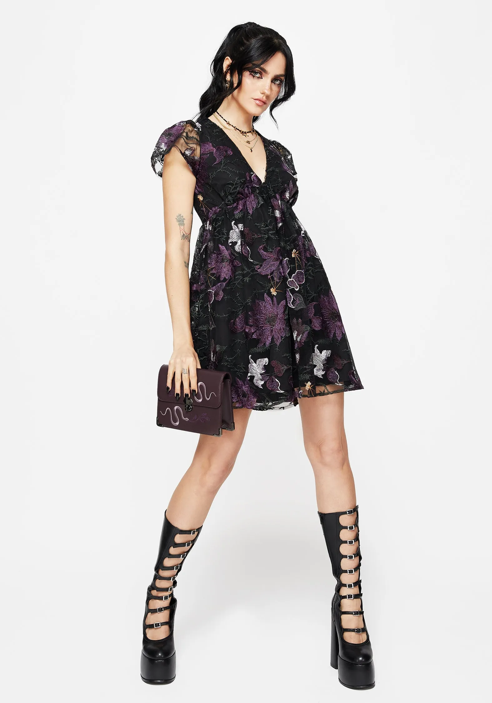 Fit Easy Estrid Embroidered Mesh Flute Sleeve Mini Dress